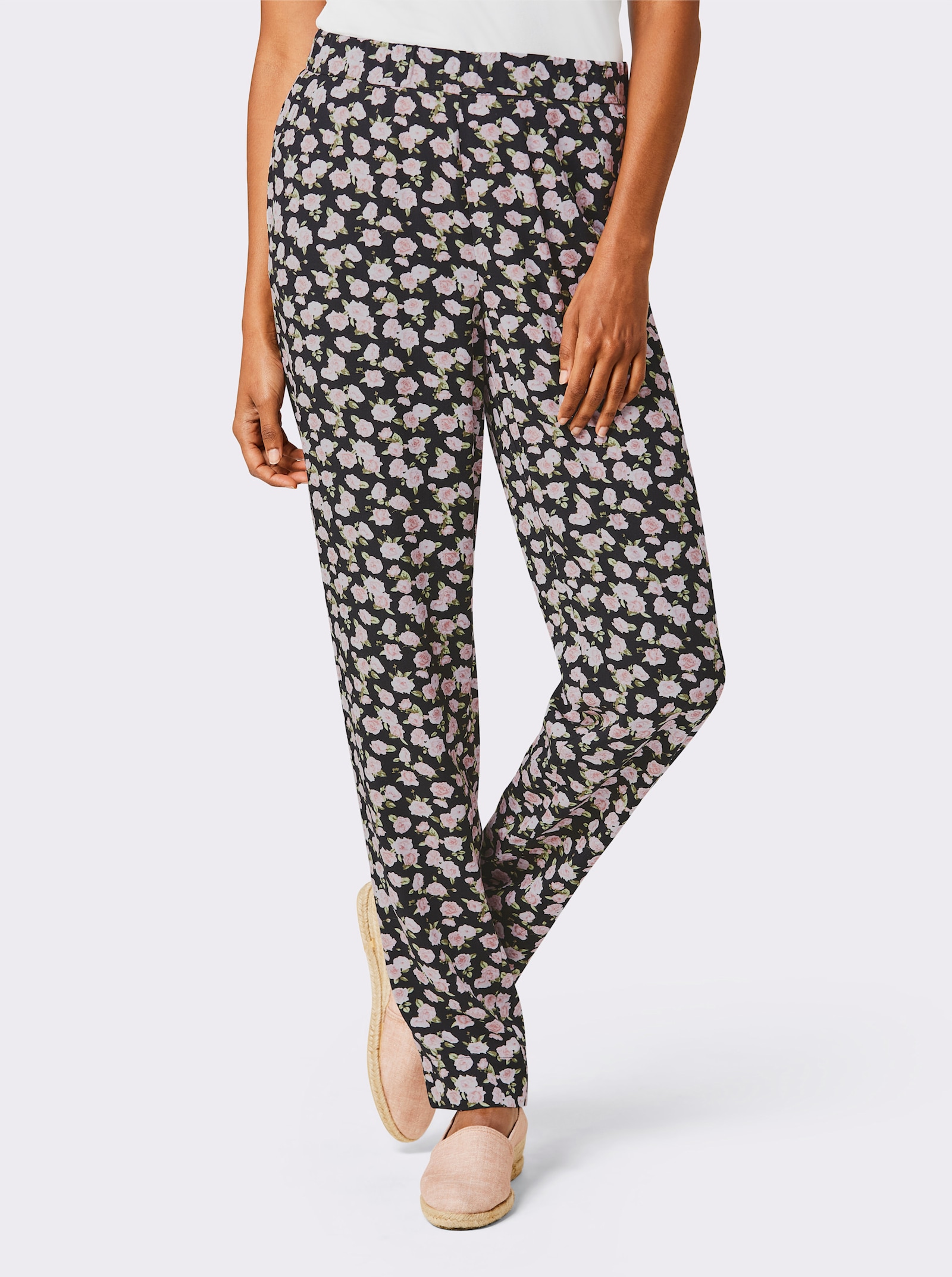 CREATION L PREMIUM Schlupfhose mit innenliegendem Dehnbund - schwarz-hellrosé-bedruckt