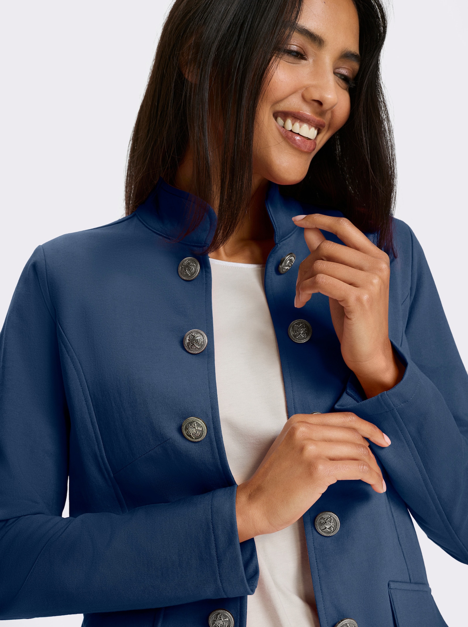 Úpletový kabátik v armádnom štýle - džínsová modrá