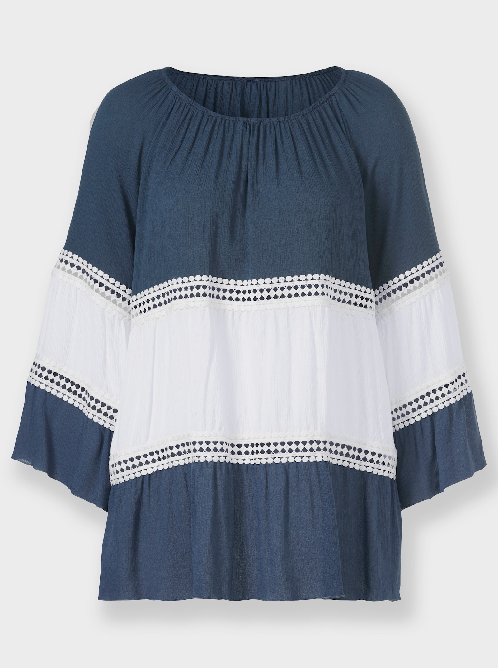 Crinklebluse mit Spitzen-Akzenten - dunkelblau-ecru-gemustert