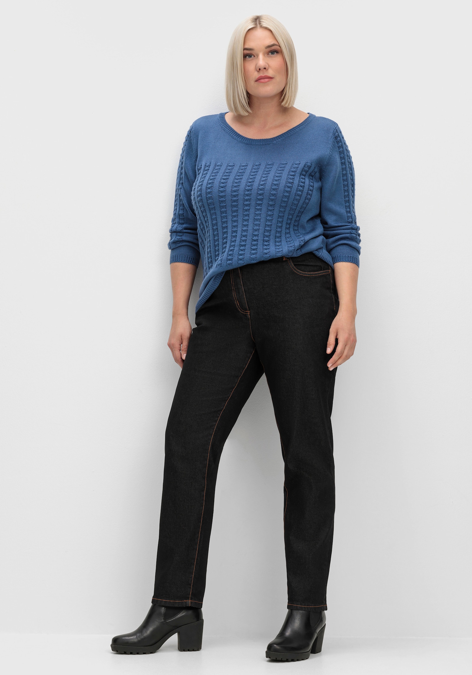 Langarm-Pullover mit 3D-Strickmuster - jeansblau