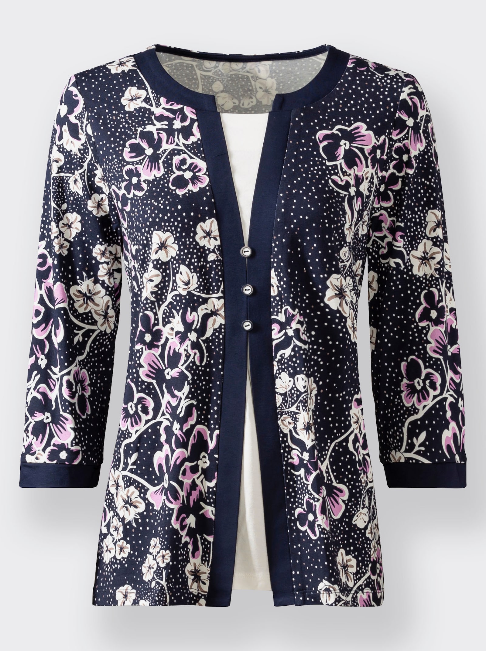 2-in-1-Shirt mit einfarbigem Einsatz - orchidee-marine-bedruckt