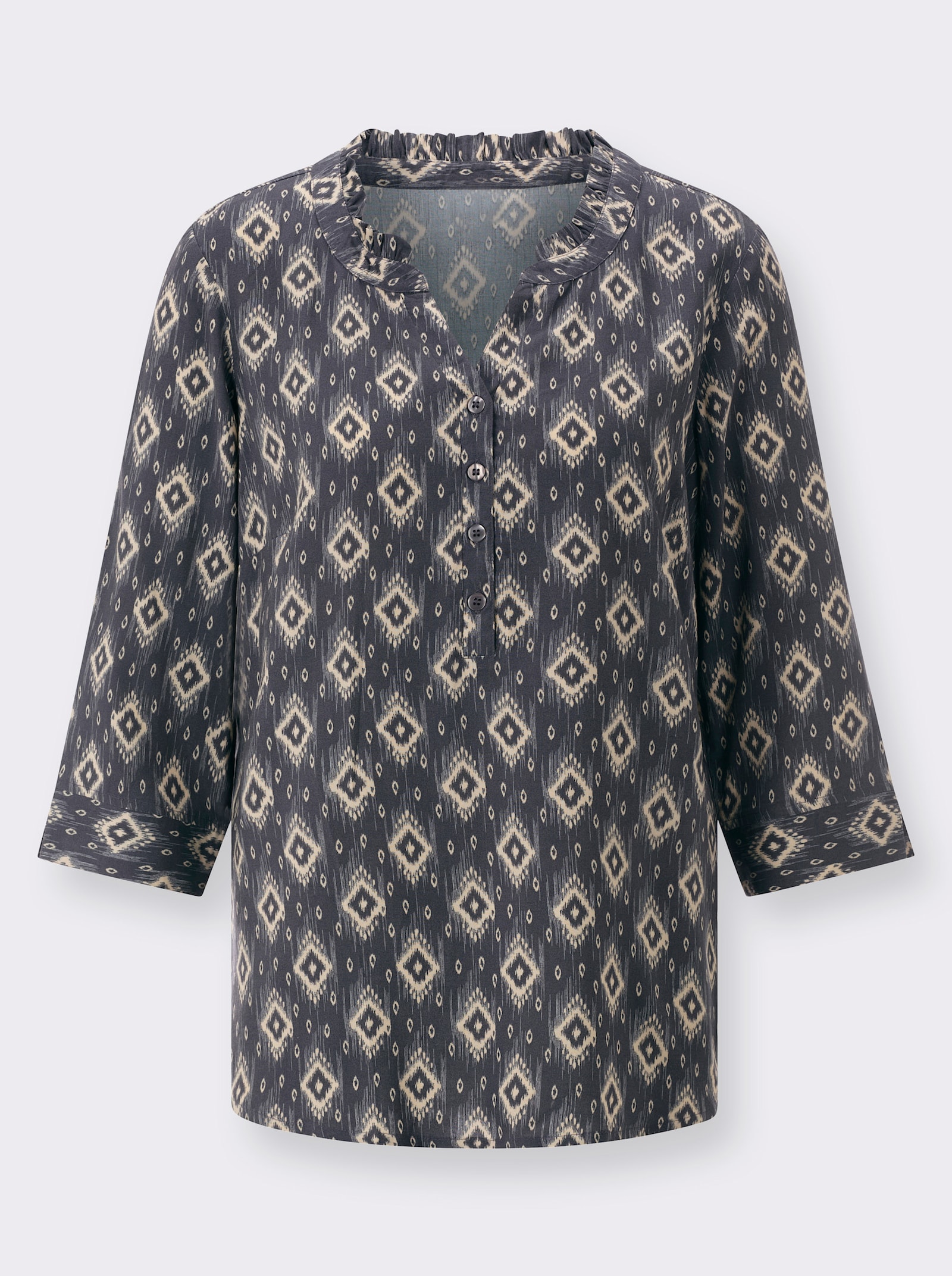 Schlupfbluse im Ethnomuster - anthrazit-sand-bedruckt