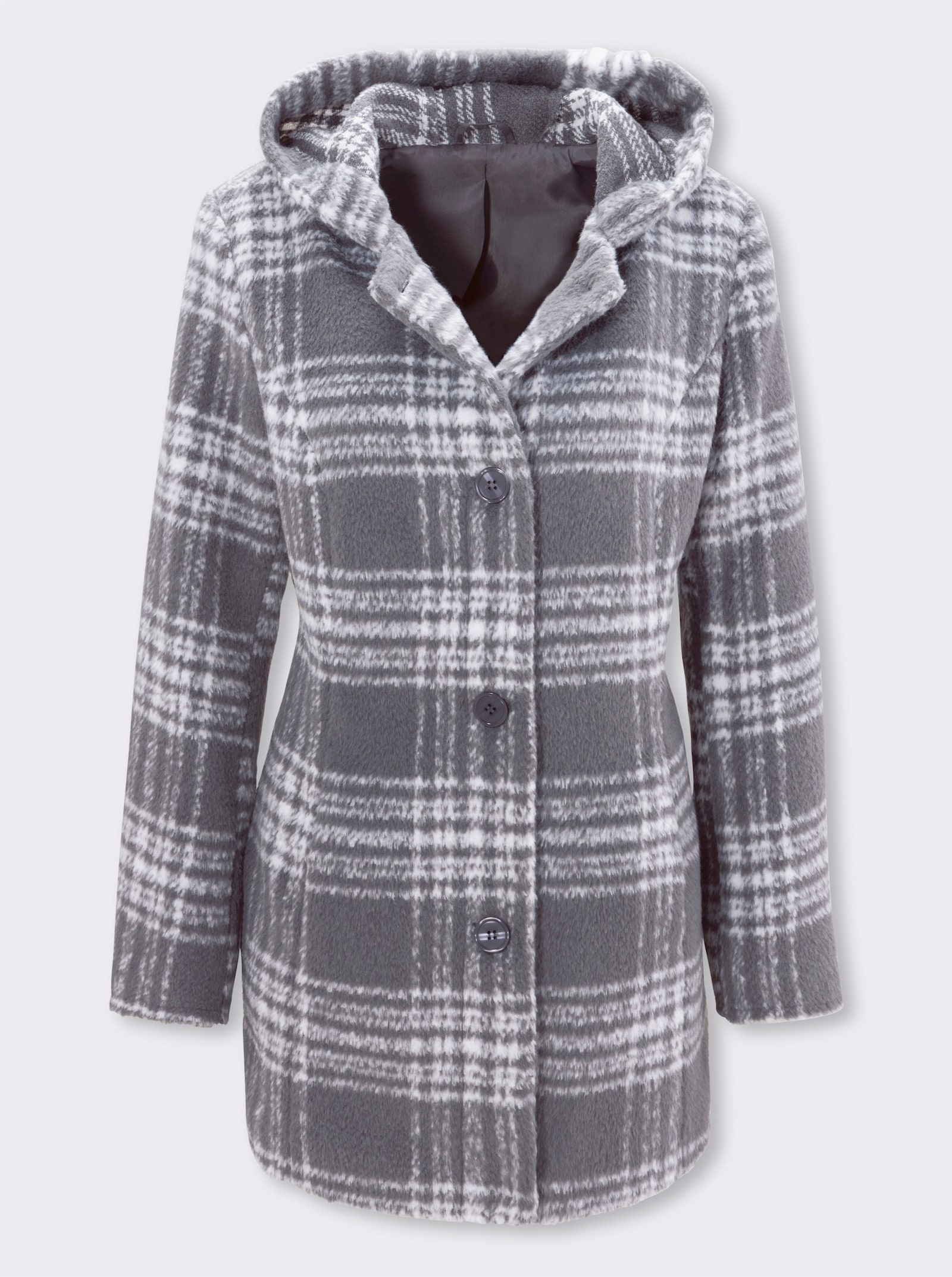 Outdoorjacke in schmeichelnder Longform - anthrazit-ecru-kariert