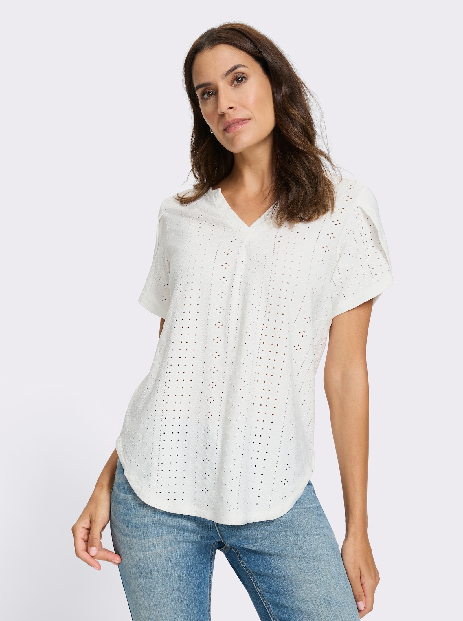 Kurzarmshirt mit Lochstickerei allover - ecru