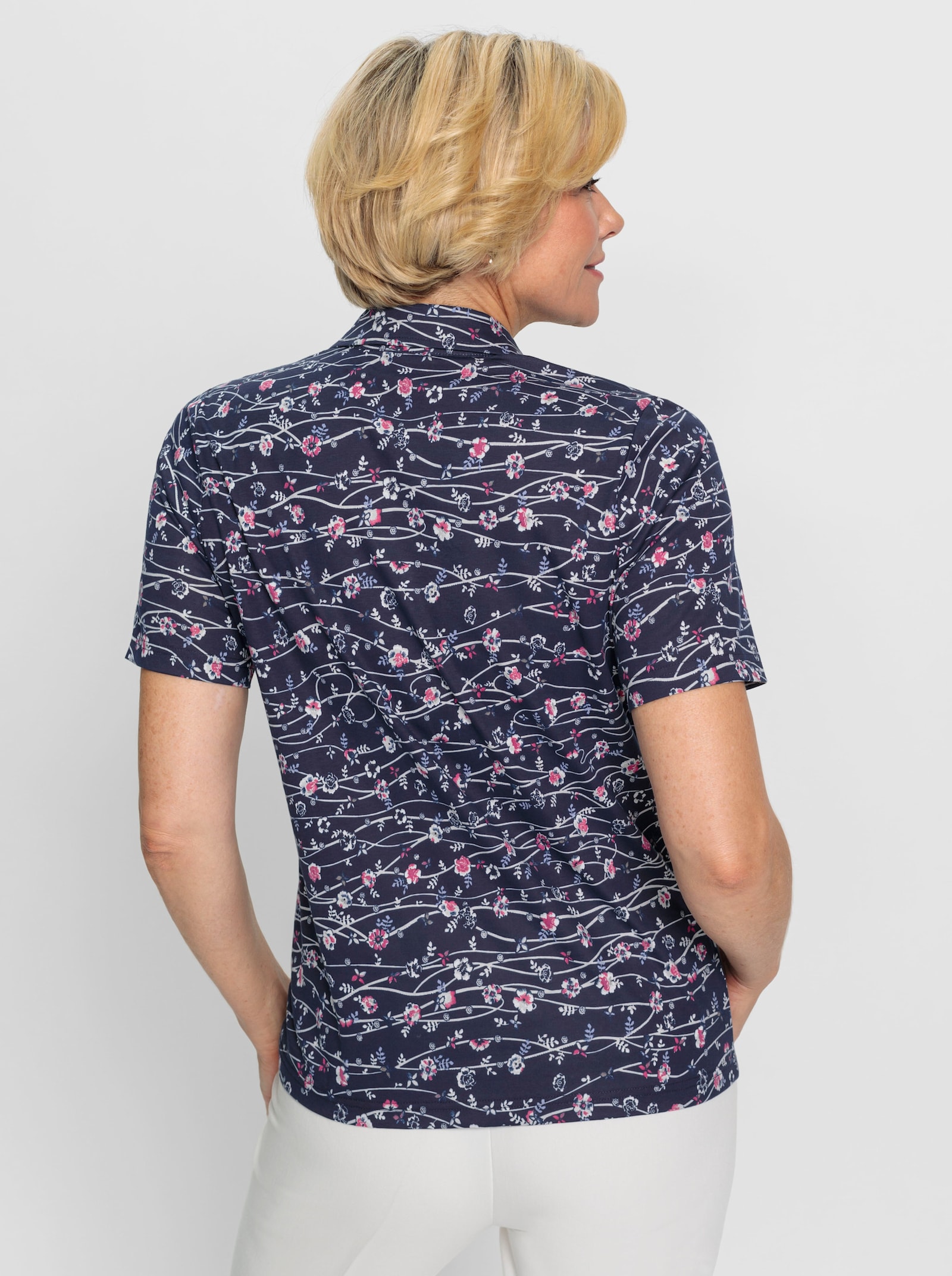  Poloshirt mit floralem Dessin - marine-fuchsia-bedruckt