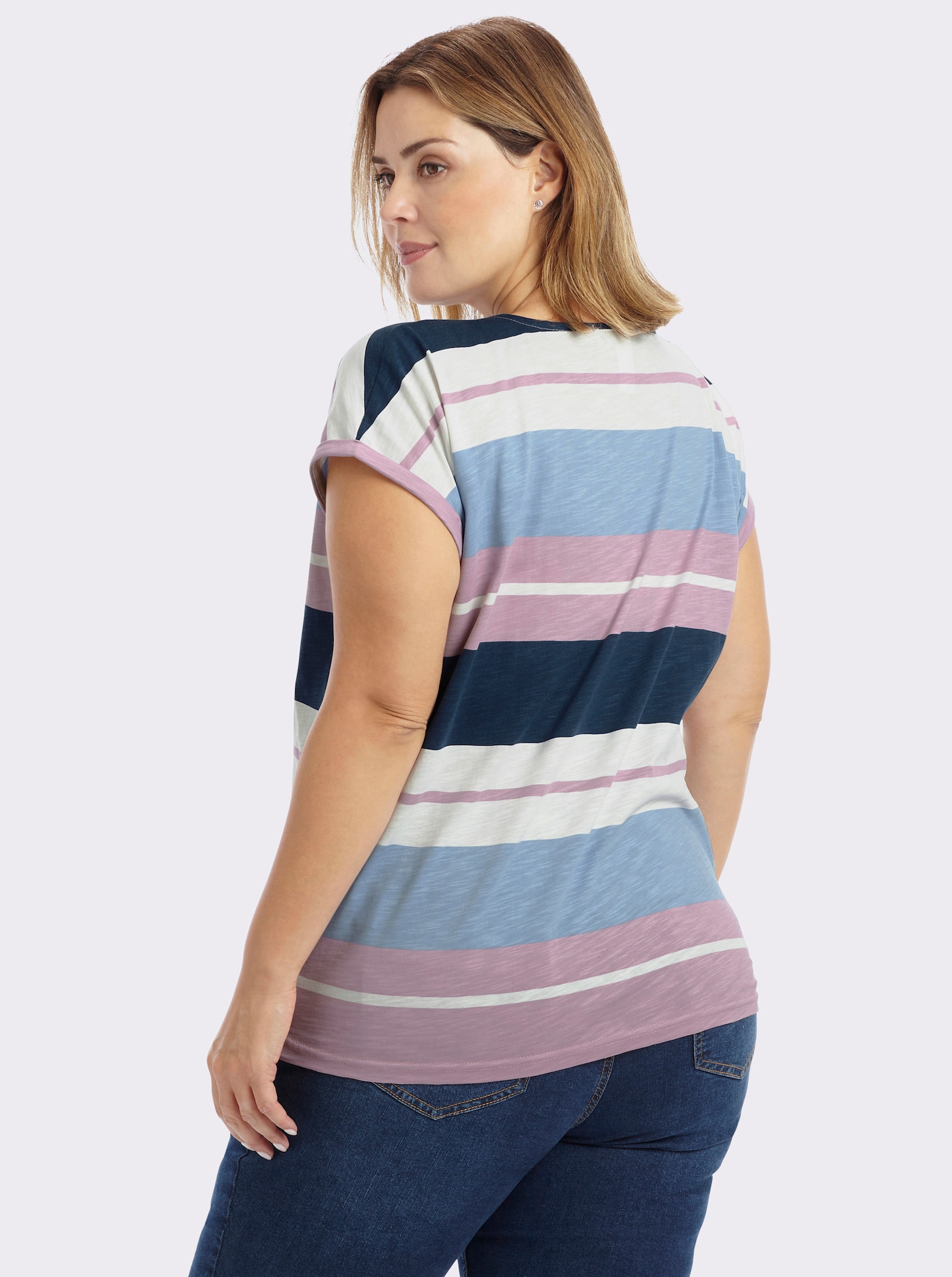 Print-Shirt aus reiner Baumwolle - mauve-dunkelblau-geringelt