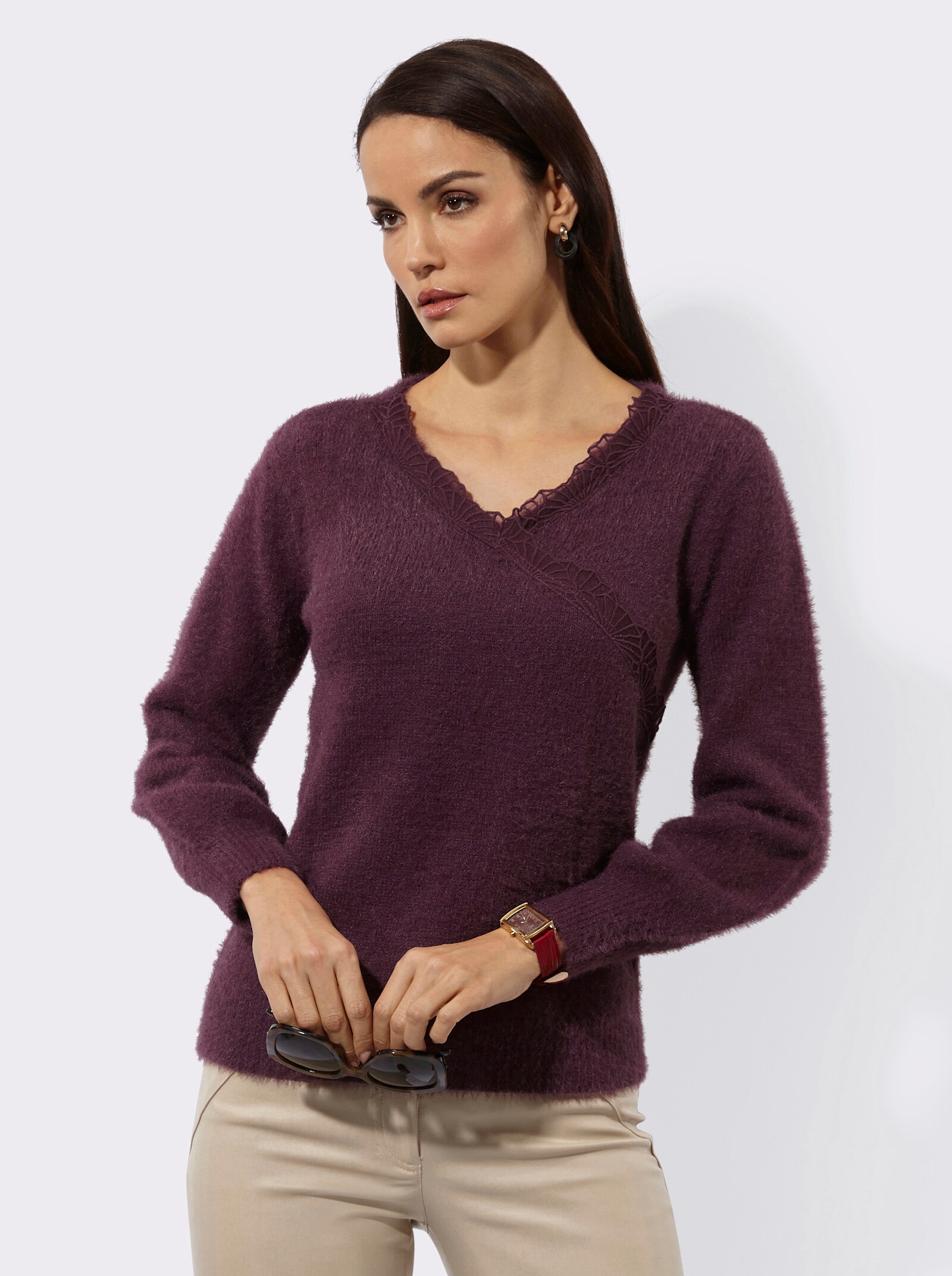 Langarm-Pullover in Wickel-Optik - burgund