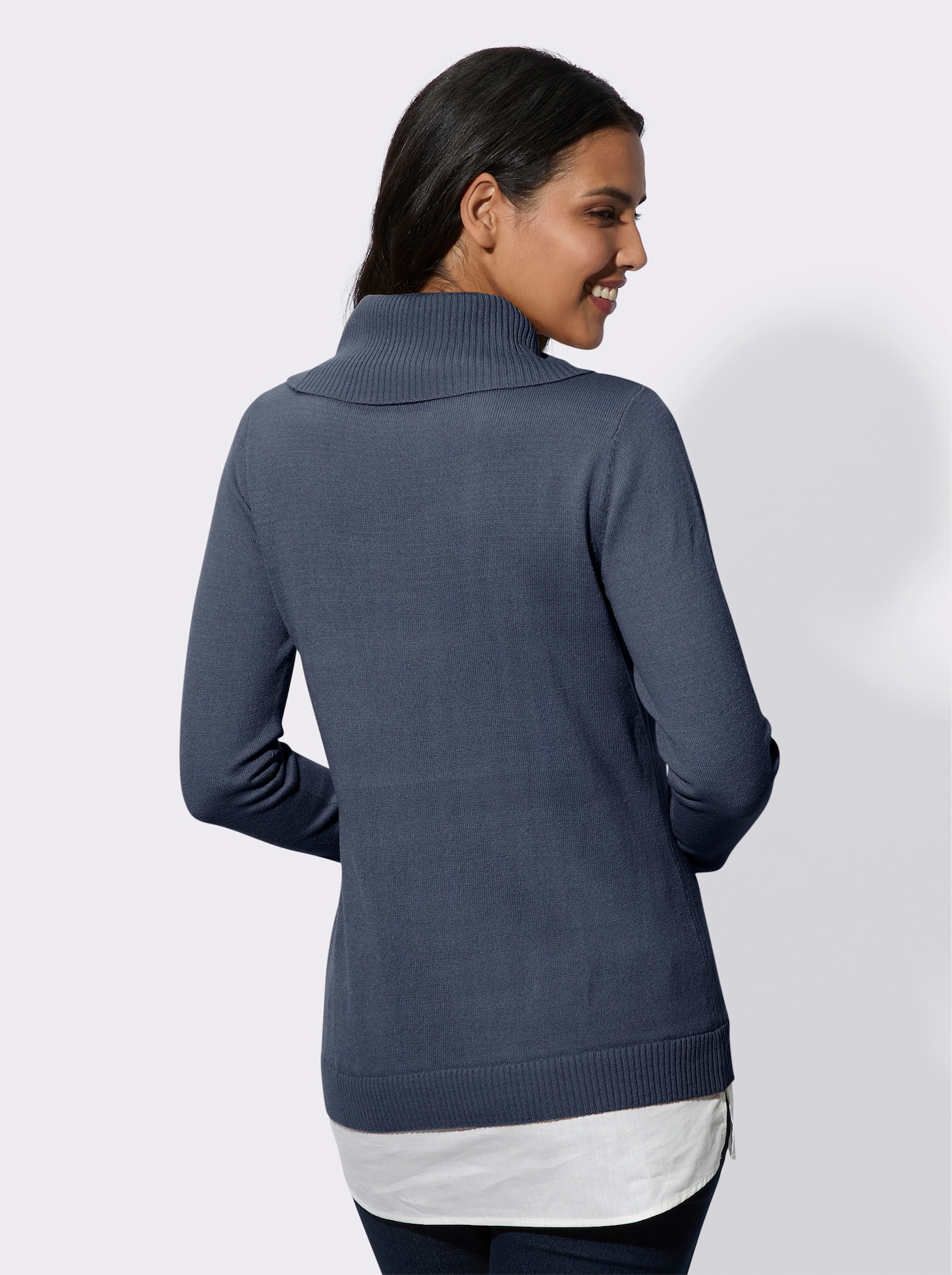 Pulóver 2v1, voľný rolákový golier - Dymová modrá – biela