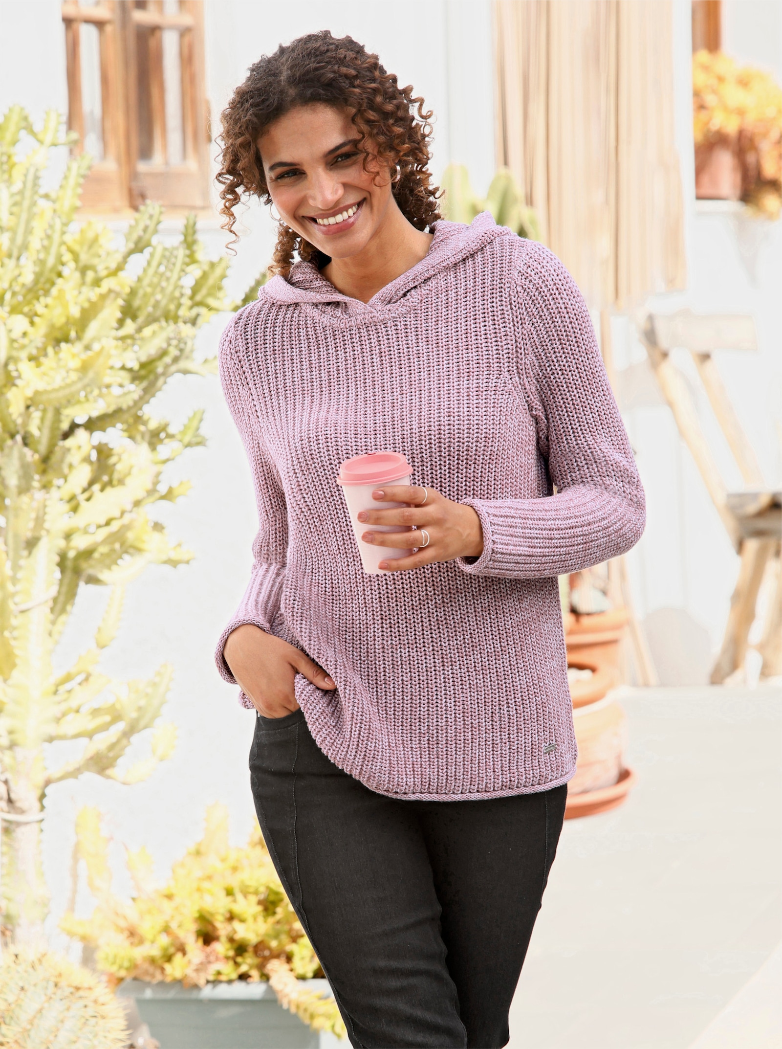 Kapuzenpullover in Ripp-Optik - mauve