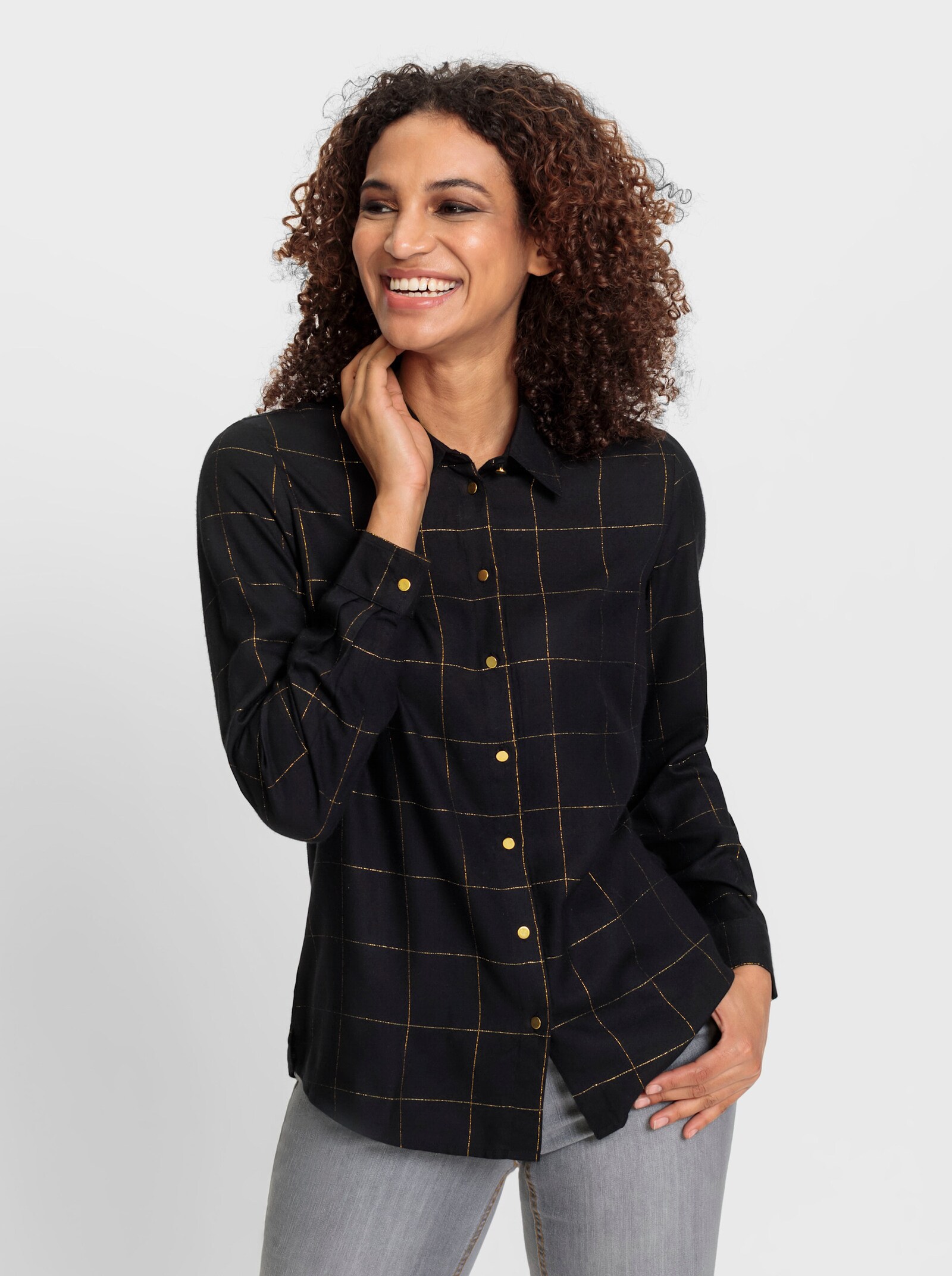 Langarm-Bluse mit Effektgarn - schwarz-goldfarben-kariert