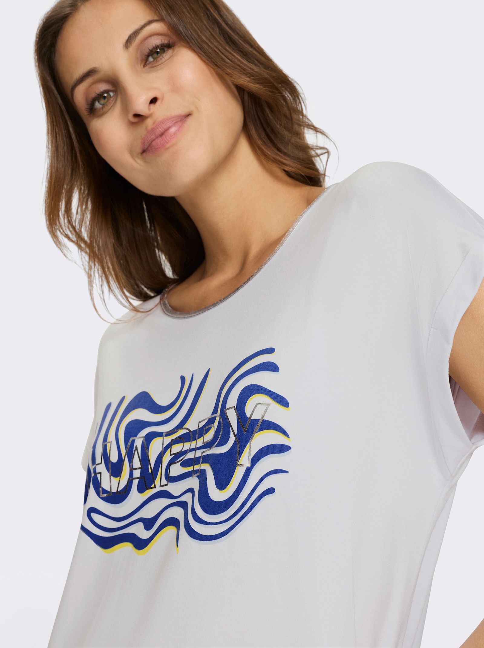 Kurzarmshirt mit fixiertem Ärmel-Aufschlag - weiß-royalblau-bedruckt