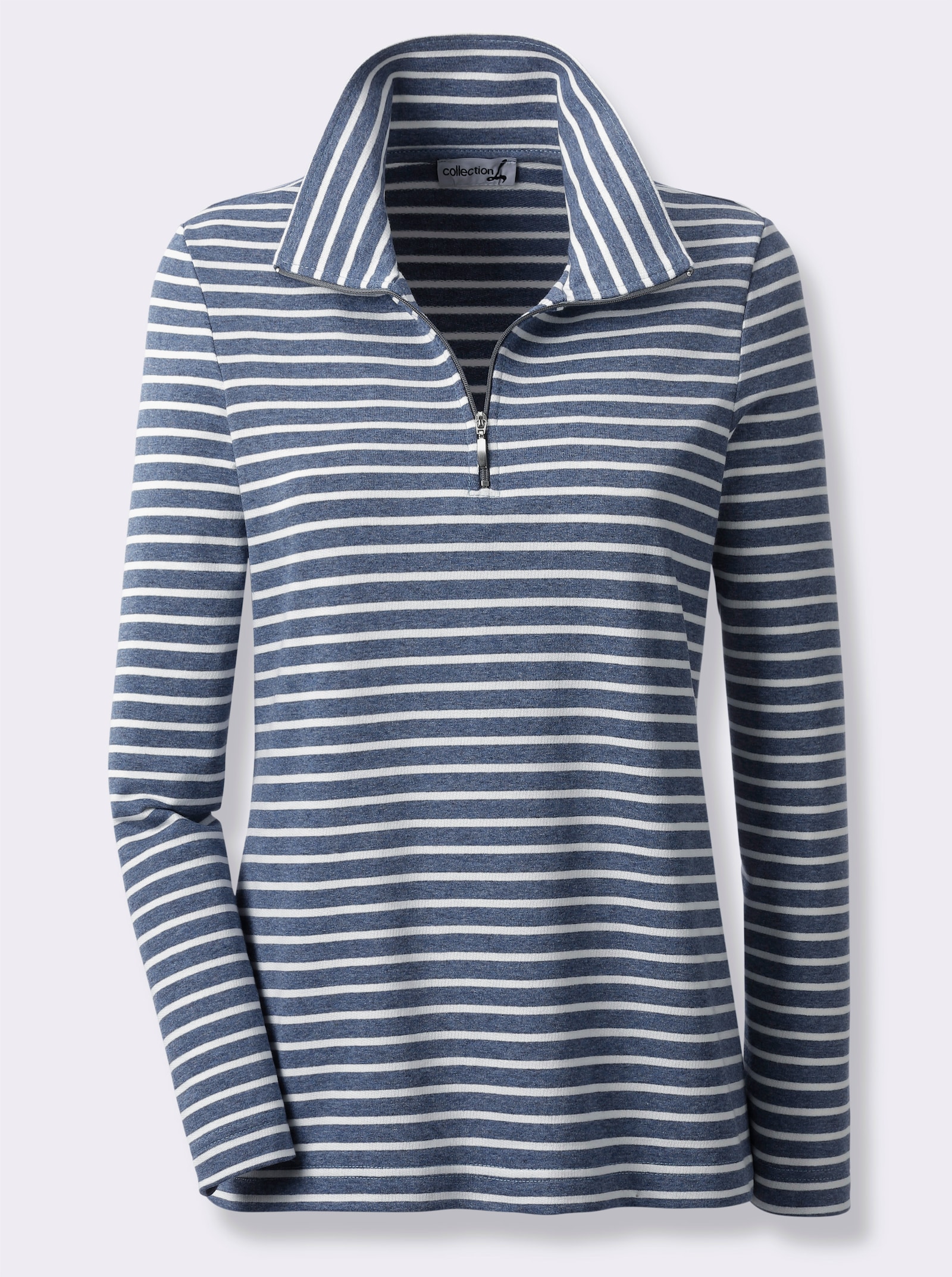 Langarmshirt mit Troyerkragen und Reißverschluss - jeansblau-gestreift