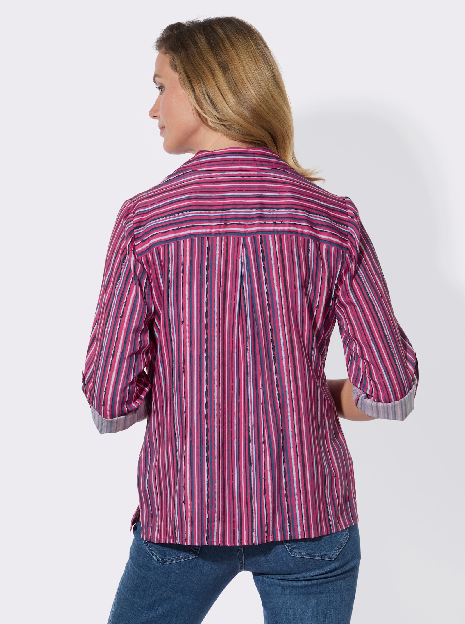 Gestreifte Bluse mit Krempelärmeln - fuchsia-ecru-gestreift
