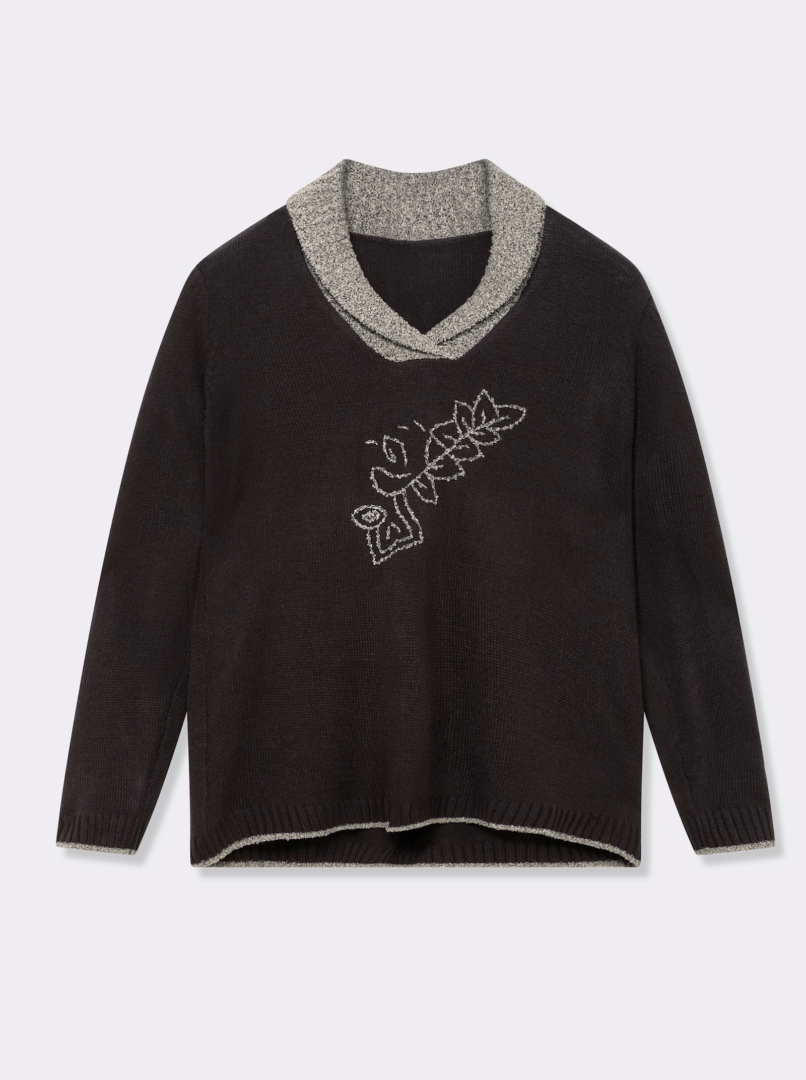 Strickpullover mit Blumen-Stickerei - anthrazit
