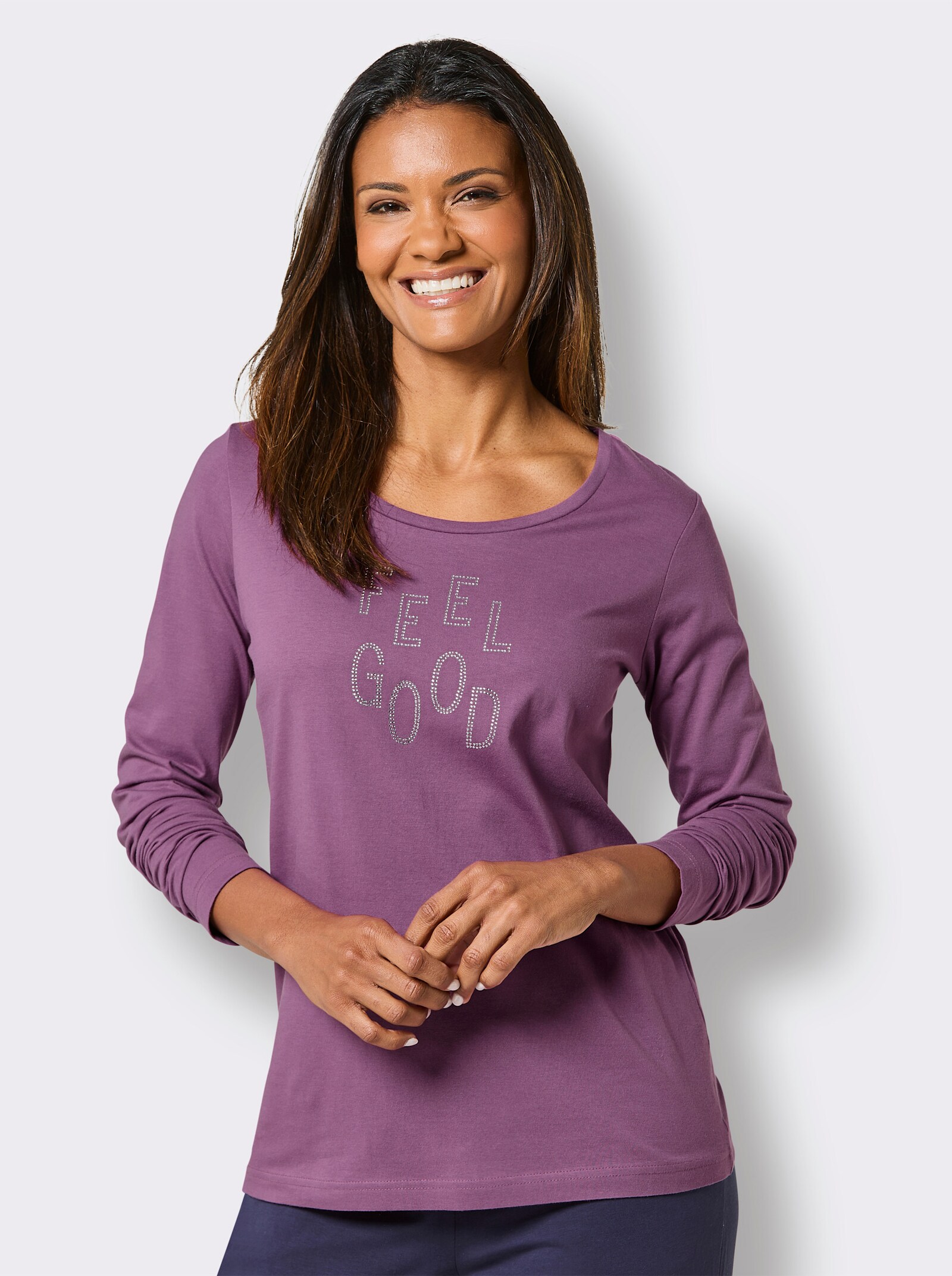Langarmshirt mit Glitzer-Schriftzug - violett