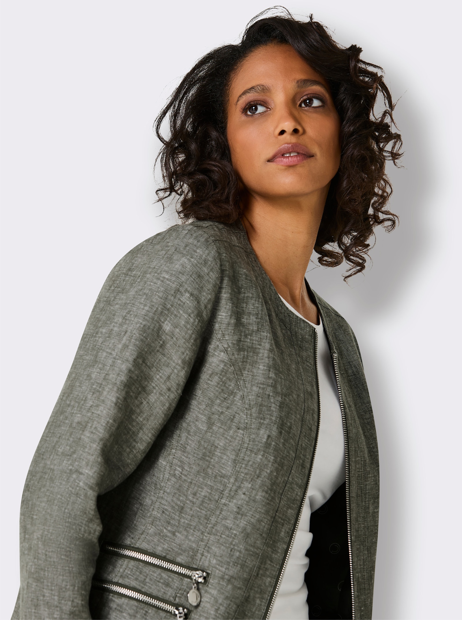 CREATION L PREMIUM Leinenblazer mit Reißverschluss-Taschen - khaki-weiß-meliert