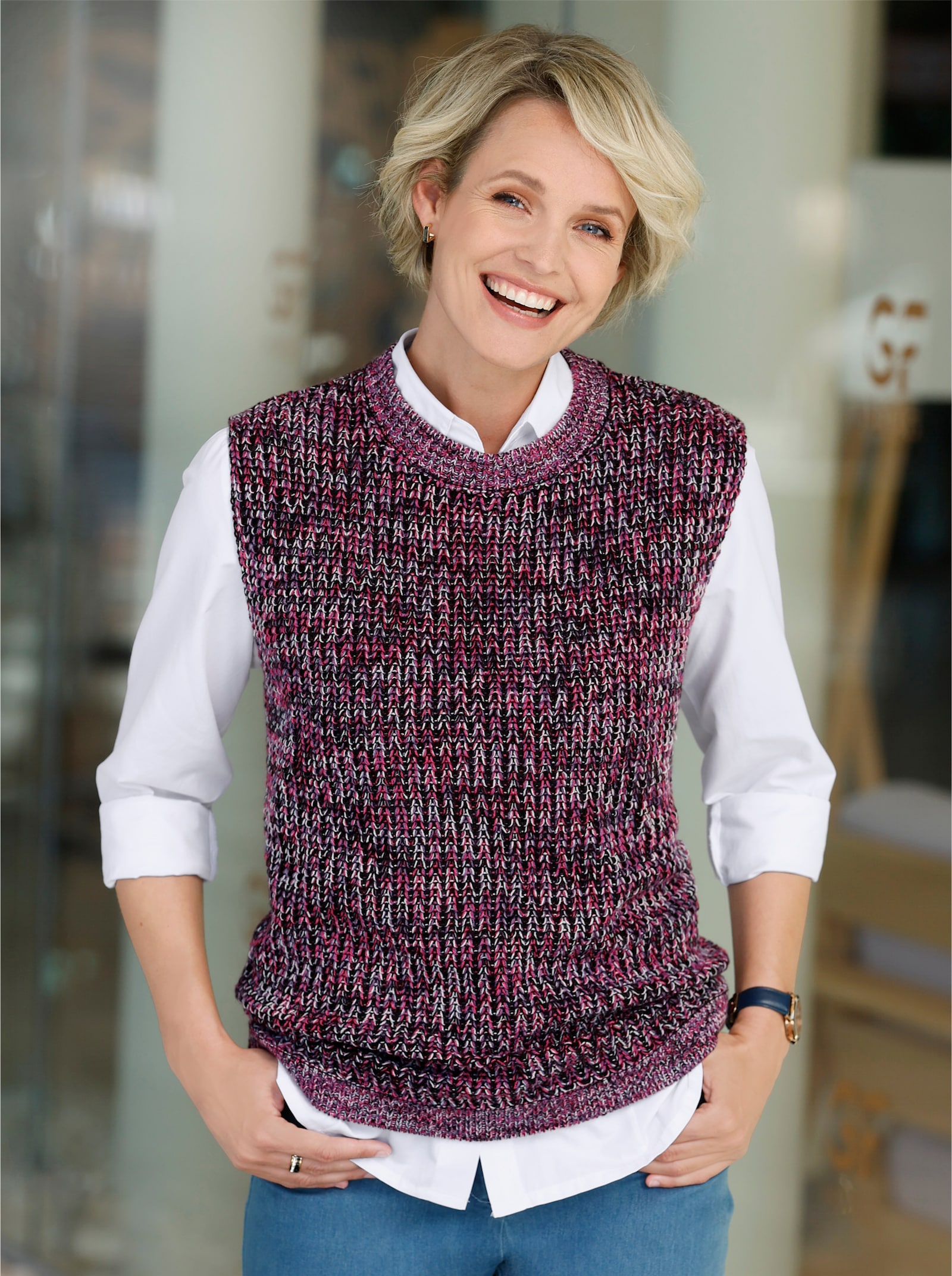 Pullunder mit Strickmuster, Melange-Garn - lila-erdbeere-meliert