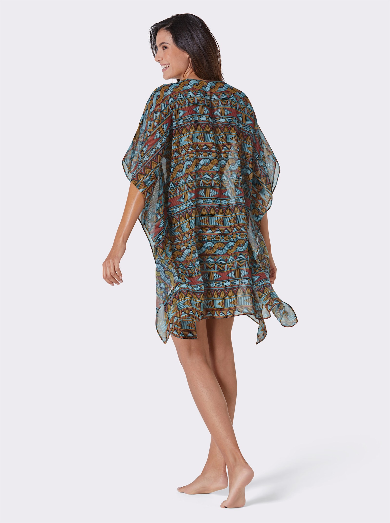 feel good Strandtunika mit Bindebändern - aquamarin-terra-bedruckt