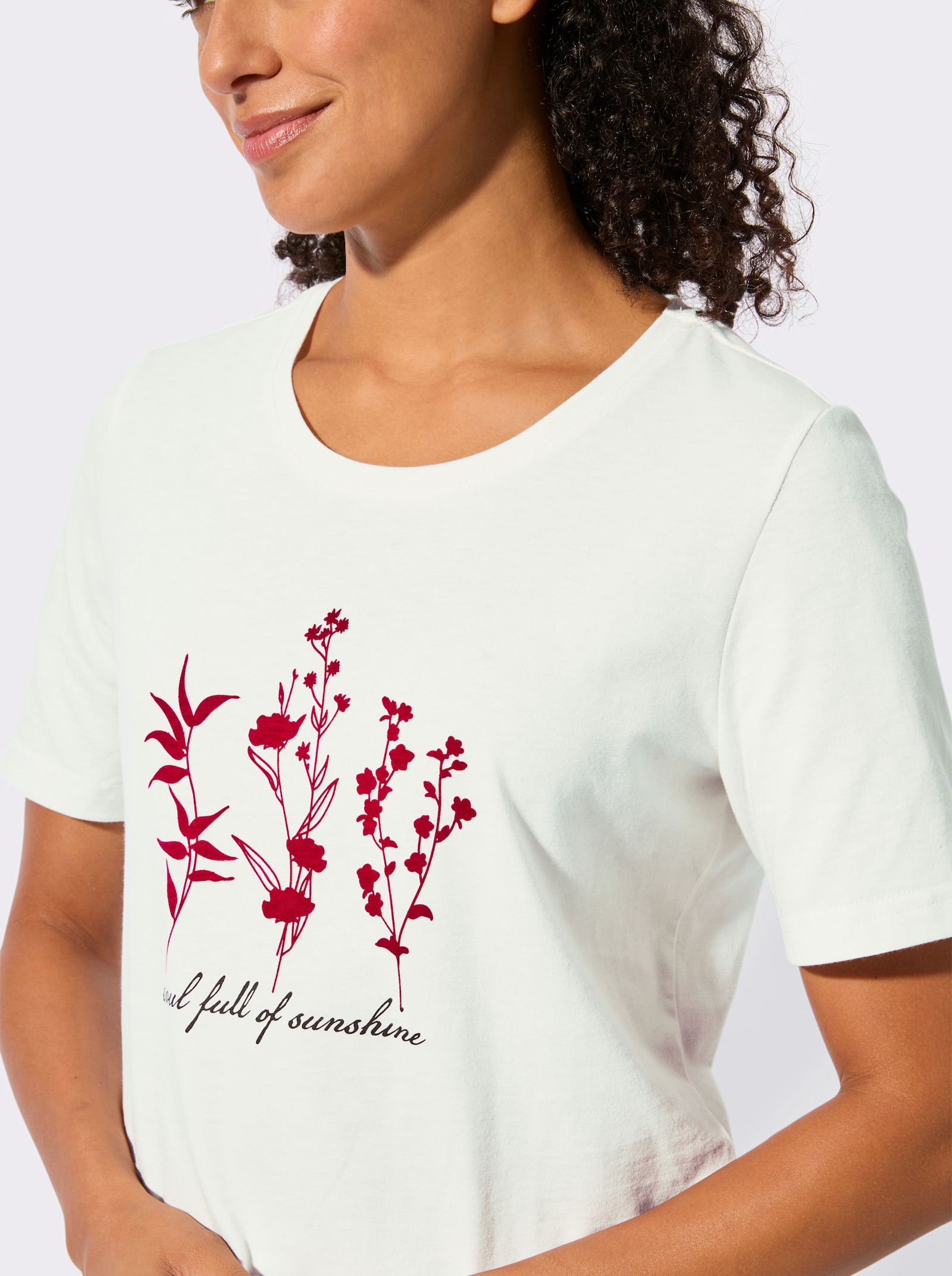 Kurzarmshirt mit floralem Motiv - ecru-erdbeere-bedruckt