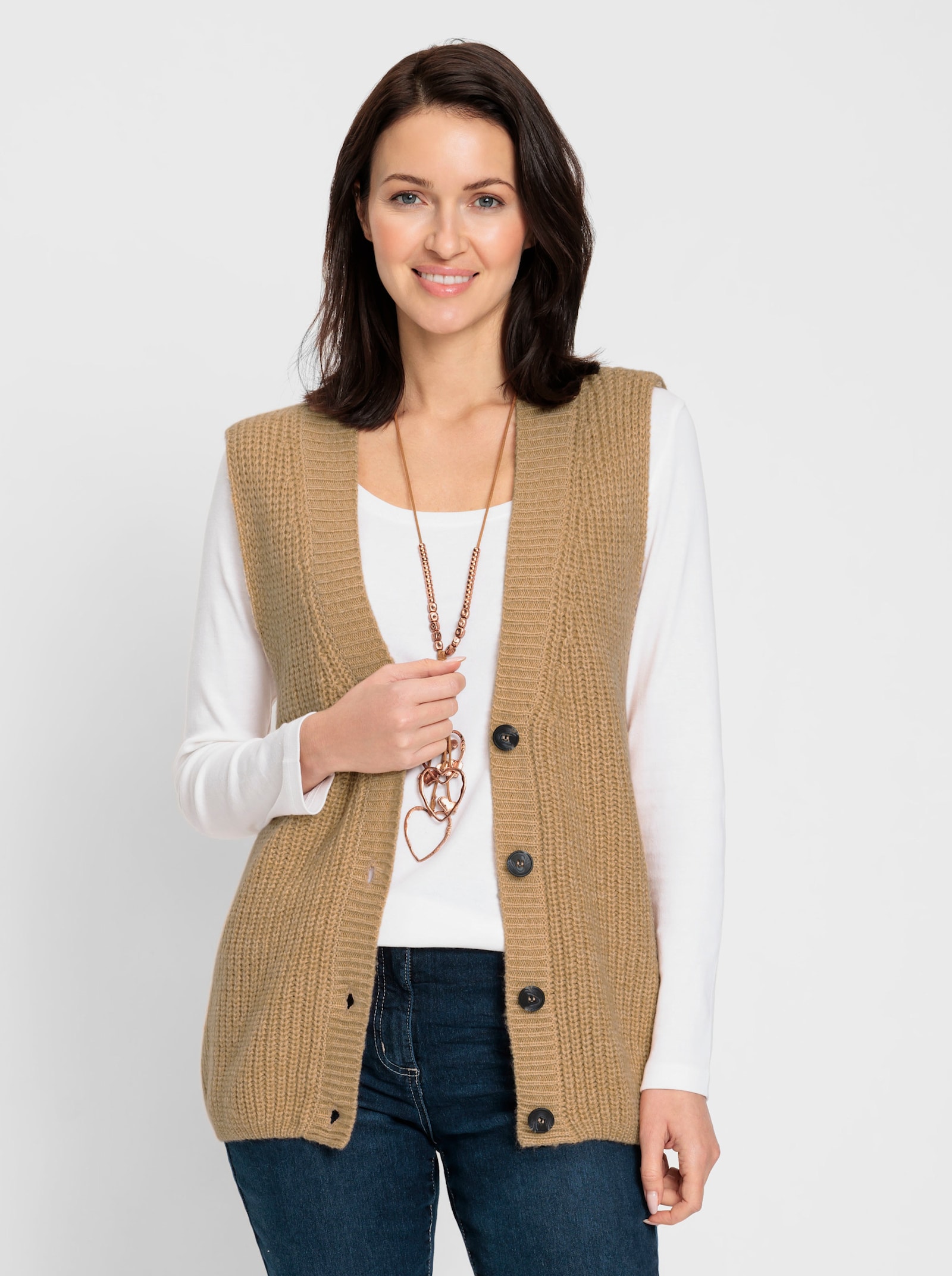 Mouwloos vest met knopen in houtlook - camel