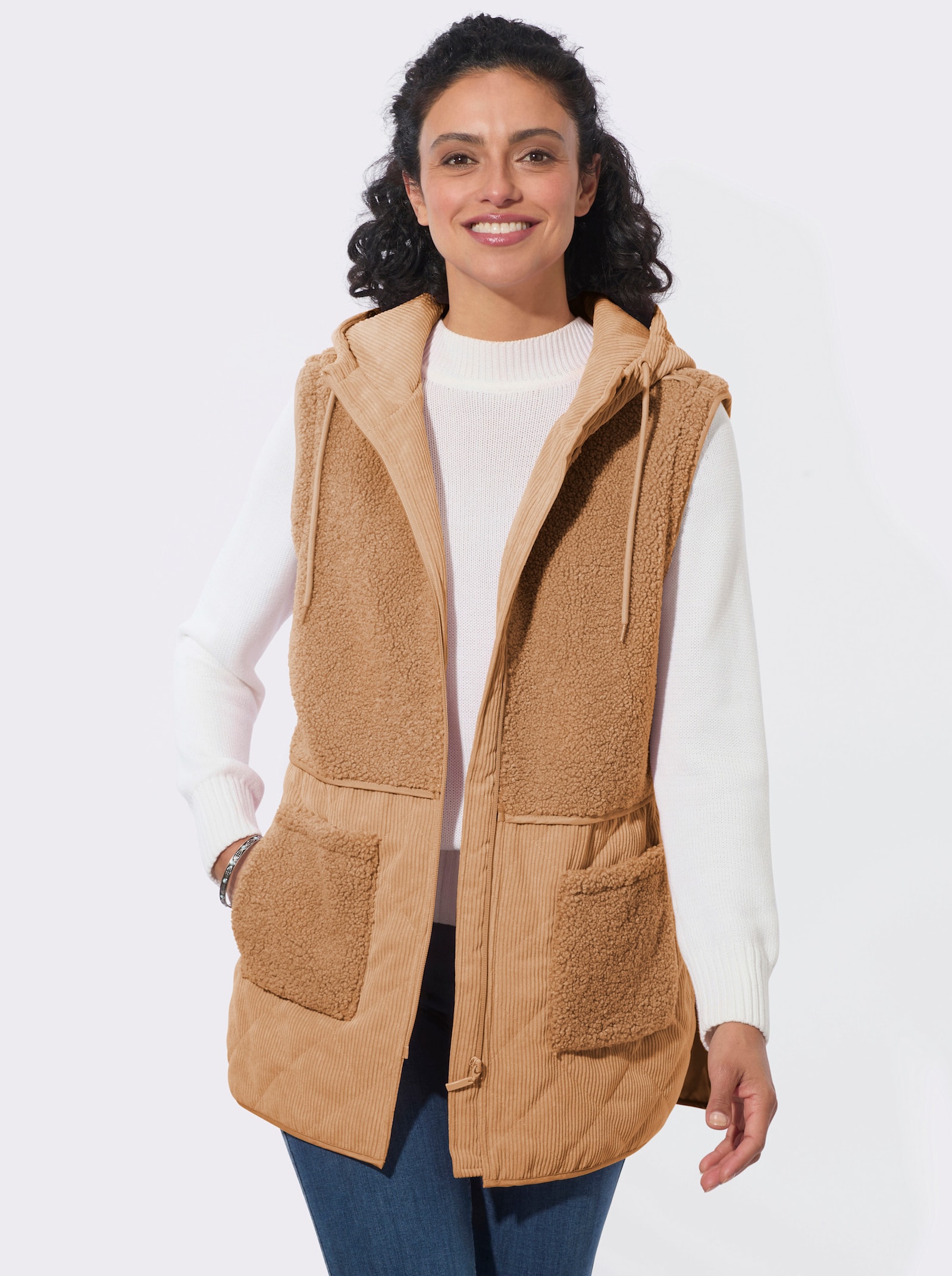 2-in-1-Jacke aus Teddyfleece und Cord - camel