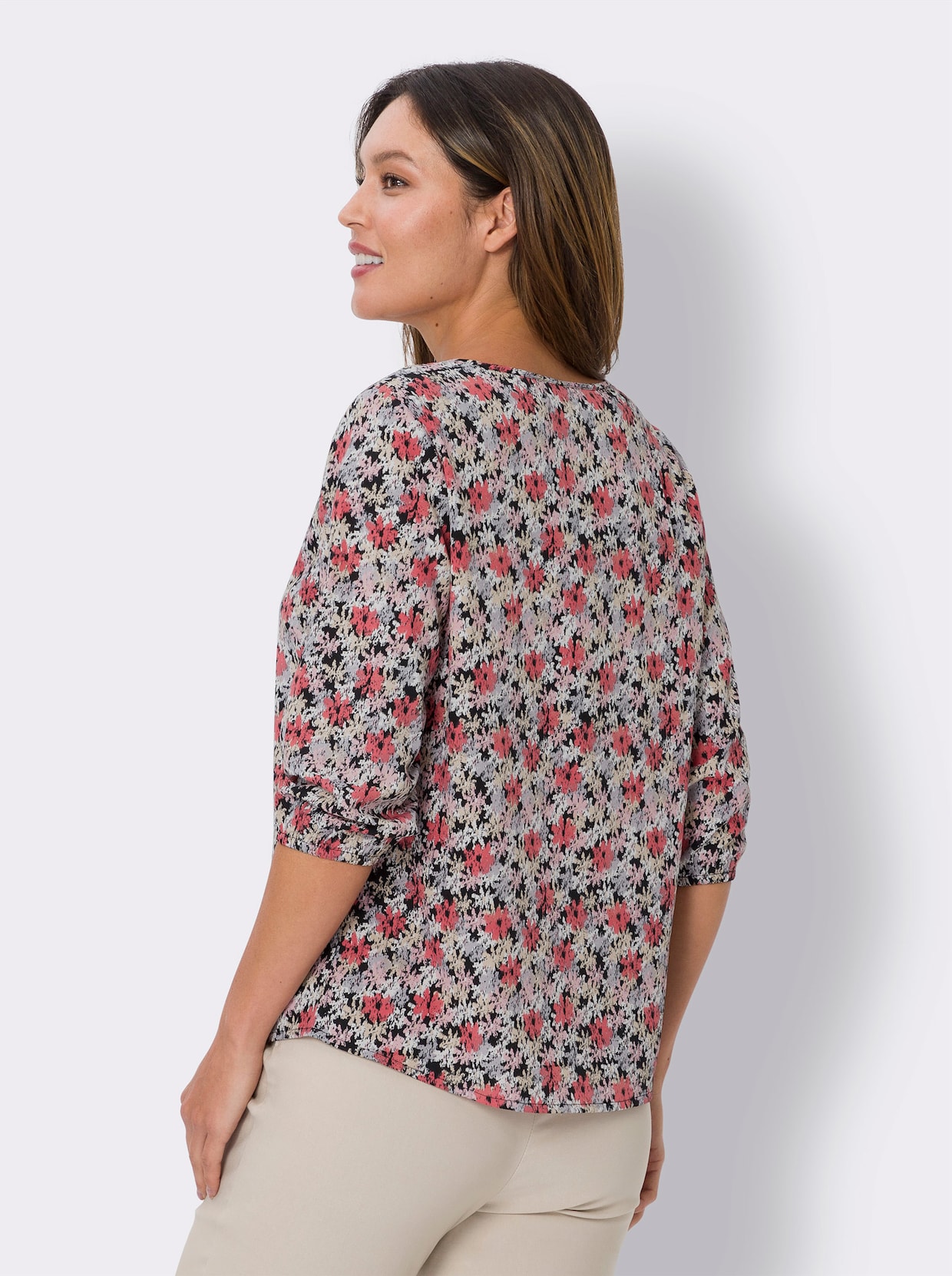 Comfortabele blouse - rozenkwarts/beige bedrukt