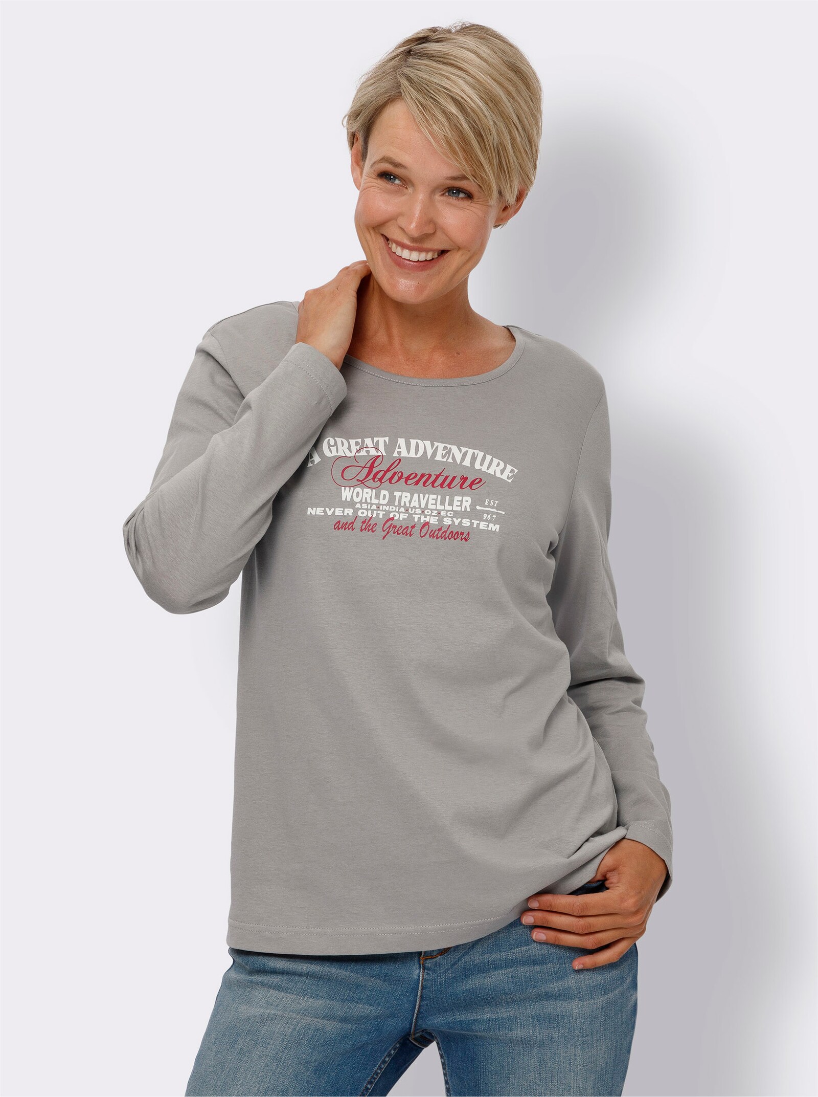 Tričko s dlouhým rukávem a natištěným nápisem - kamenná šedá-ecru-potisk