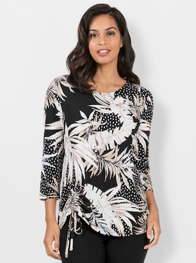 Print-Shirt mit raffbarem Tunnelzug - schwarz-sesam-bedruckt