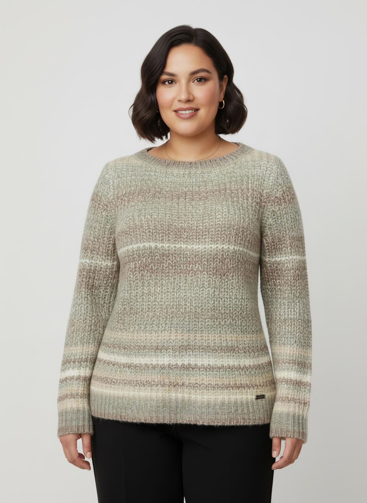 Langarm-Pullover im Grobstrick - taupe-jade-geringelt