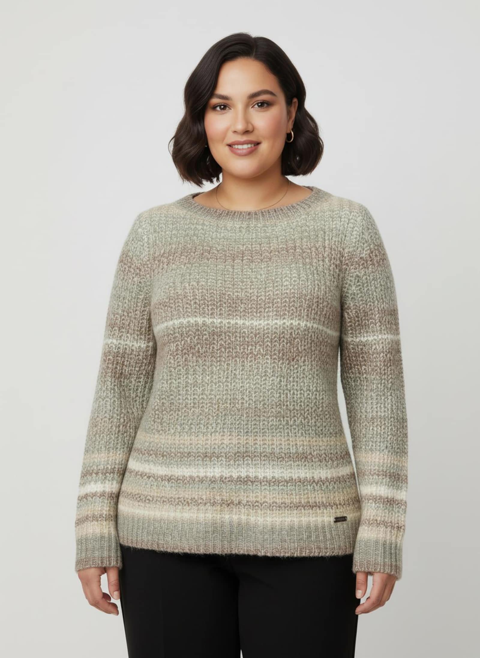 Langarm-Pullover im Grobstrick - taupe-jade-geringelt
