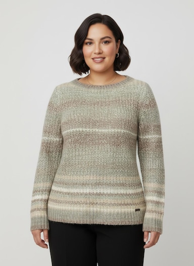 Langarm-Pullover im Grobstrick - taupe-jade-geringelt