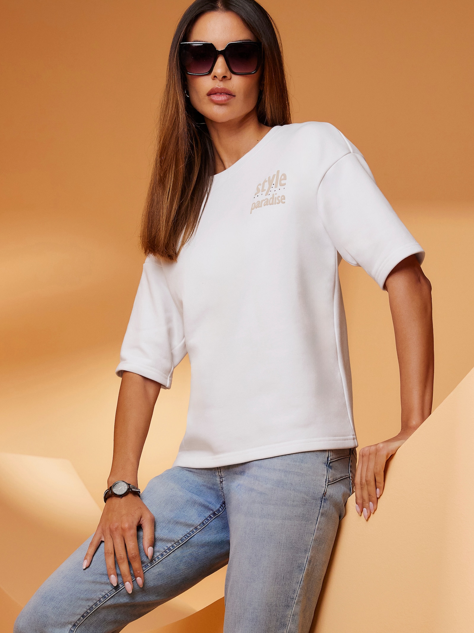 heine Sweatshirt mit Schriftzug und Glitzersteinchen - weiss