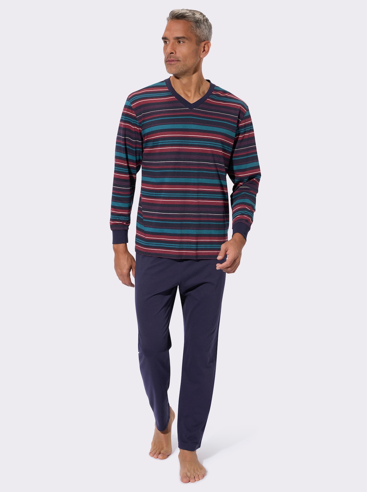 Schlafanzug mit Streifen-Muster, Single-Jersey - marine-topas-geringelt