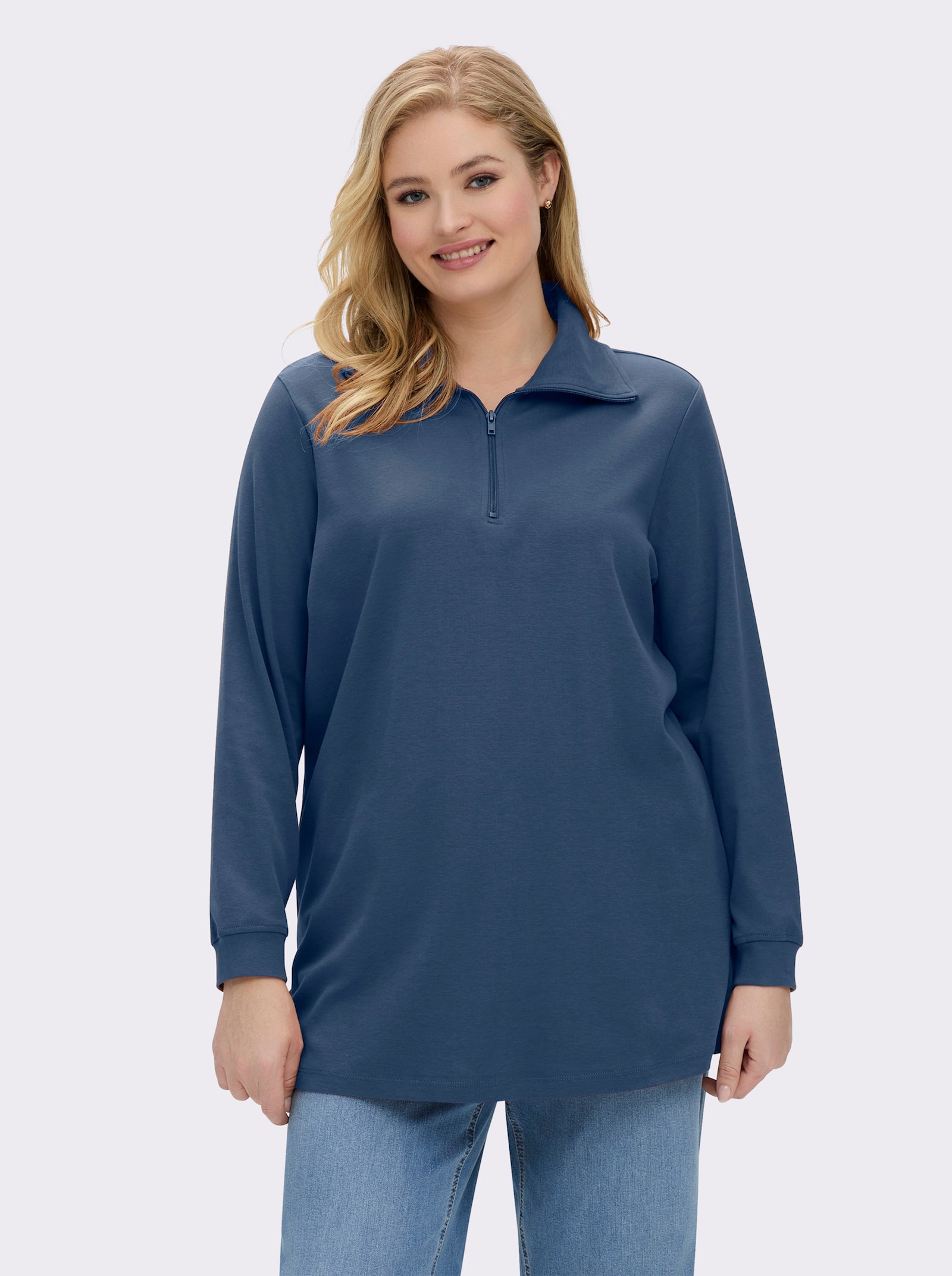 Longsweatshirt mit Umlegekragen - jeansblau