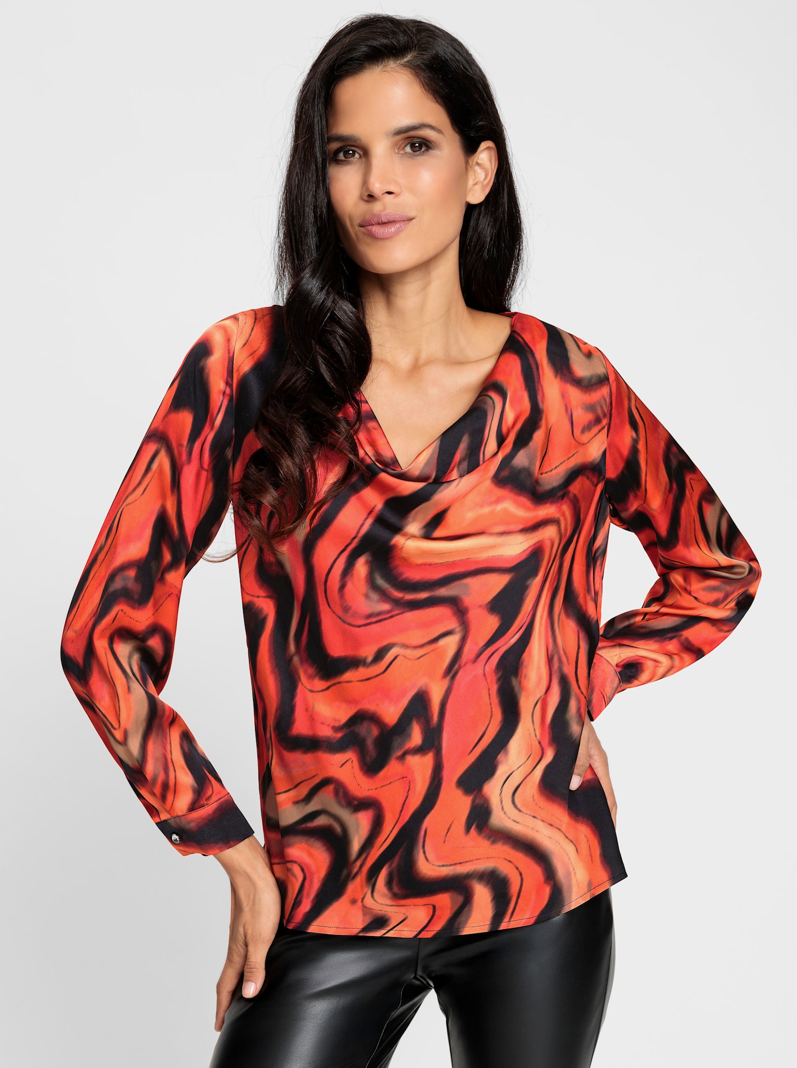 heine Druckbluse aus Satin - orange-schwarz-bedruckt