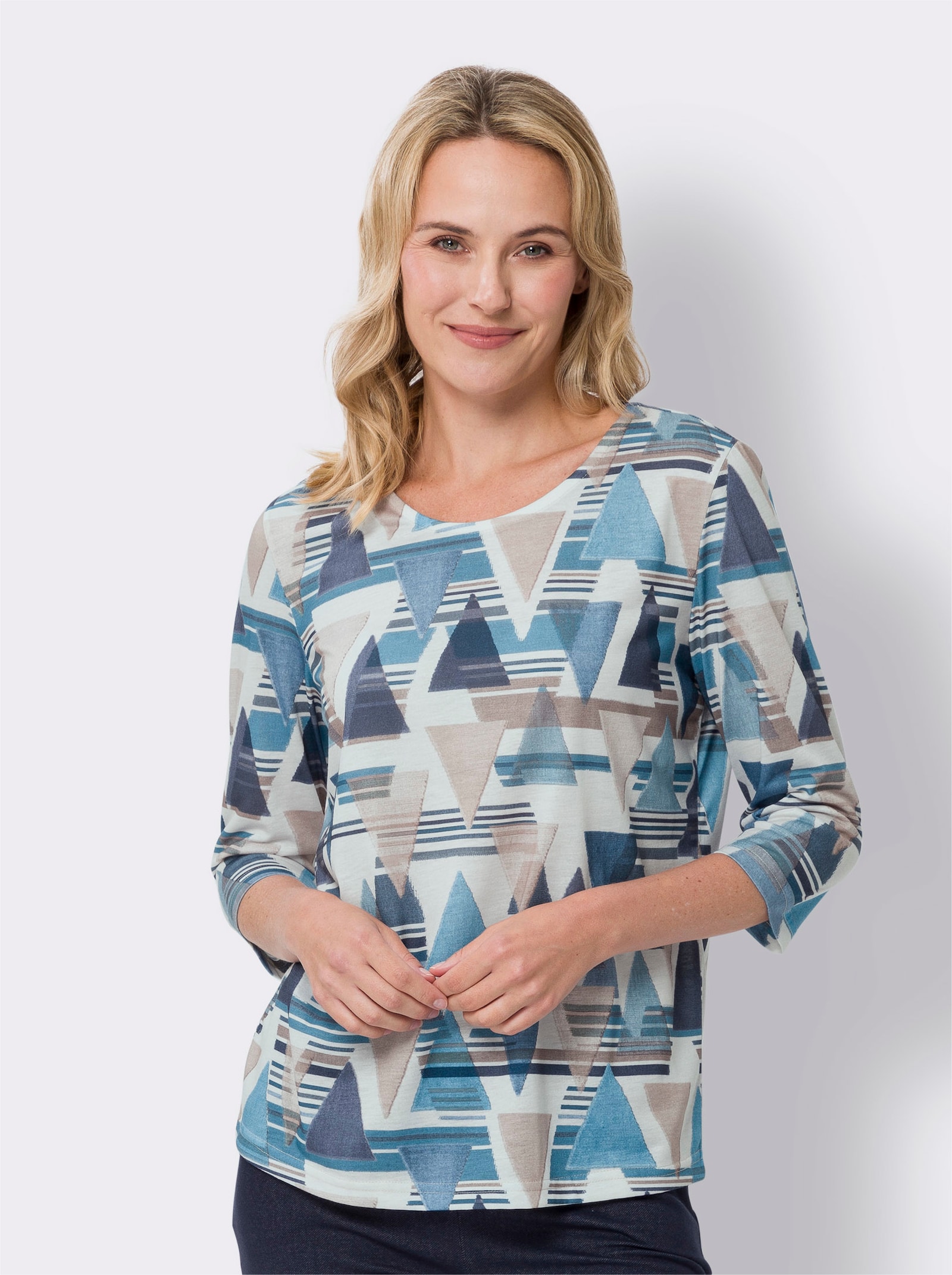 Shirt met 3/4-mouwen in grafisch dessin - donkerblauw/ecru bedrukt