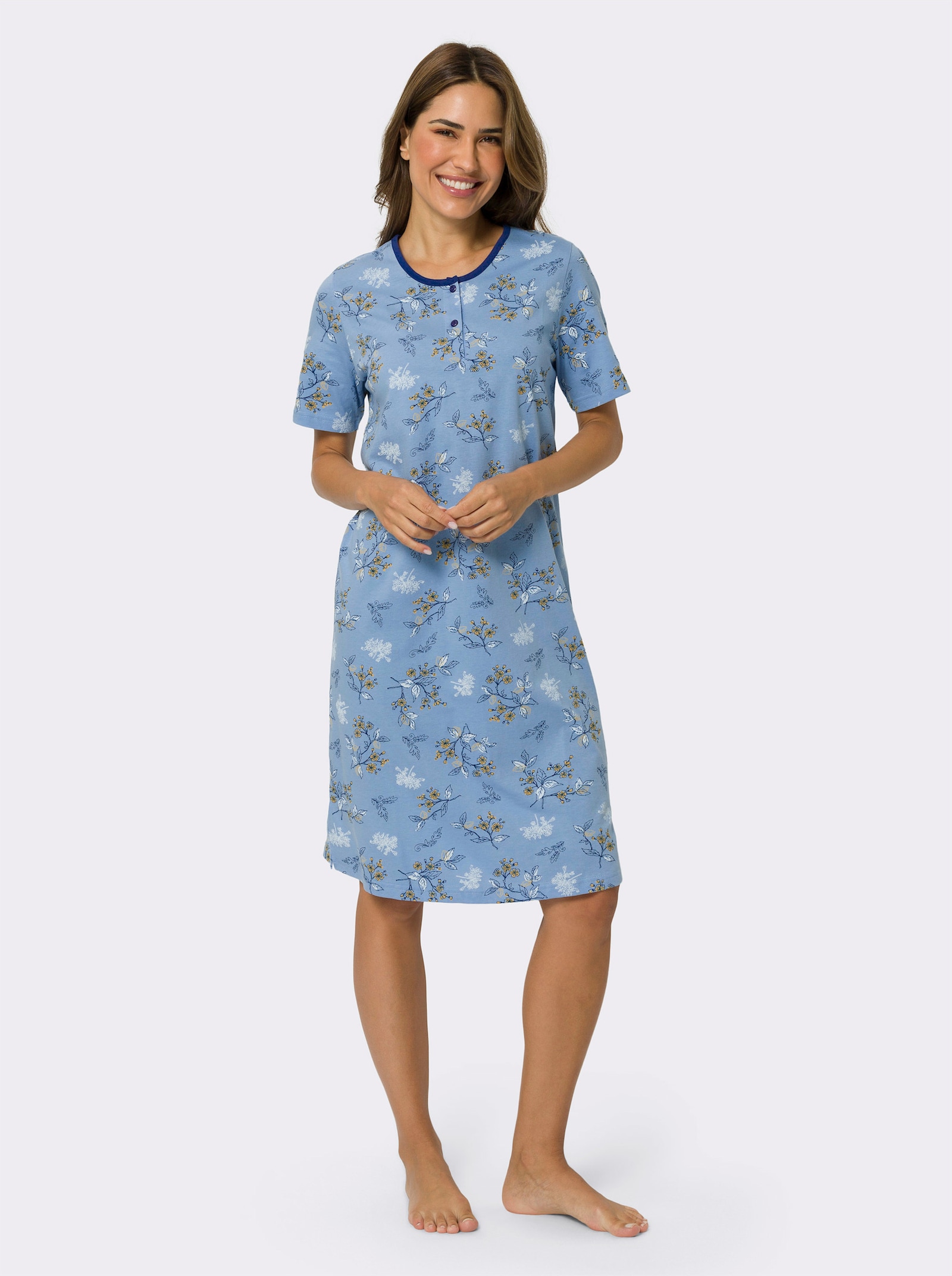 Nachthemd mit Knopfleiste - himmelblau-bedruckt
