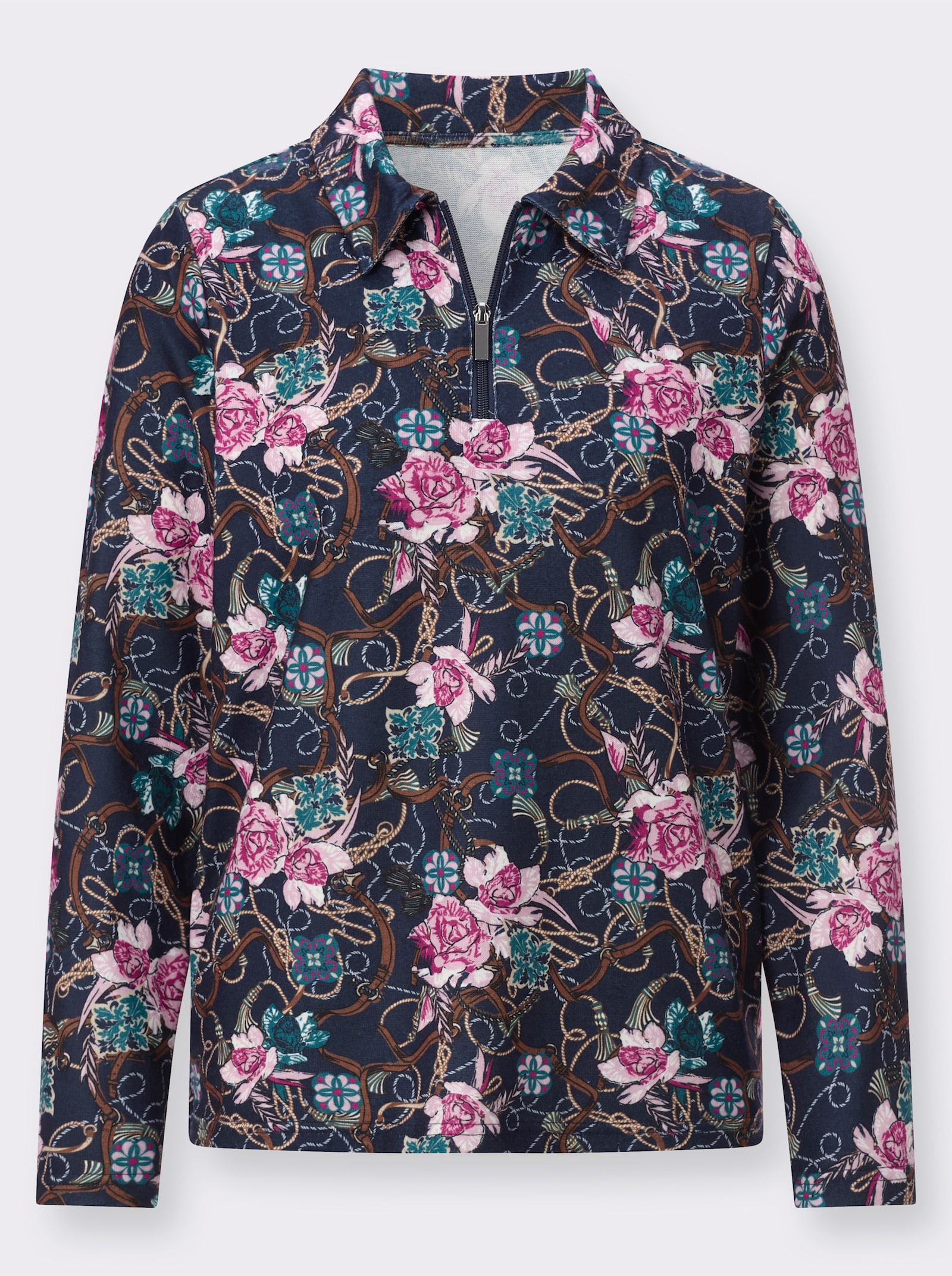 Poloshirt mit floralem Muster - marine-rosé-bedruckt