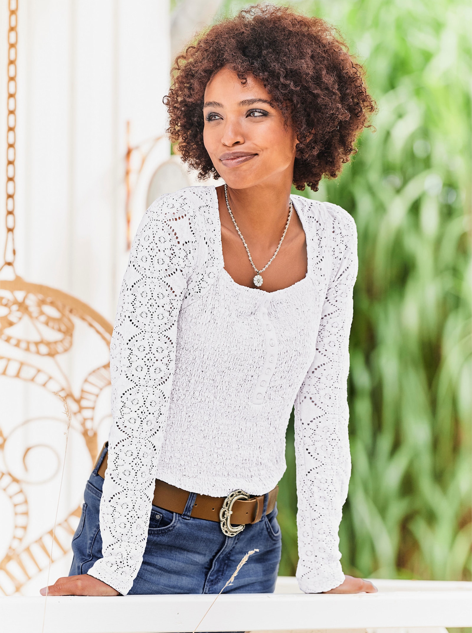 heine Langarmshirt mit Knopfleiste - weiss