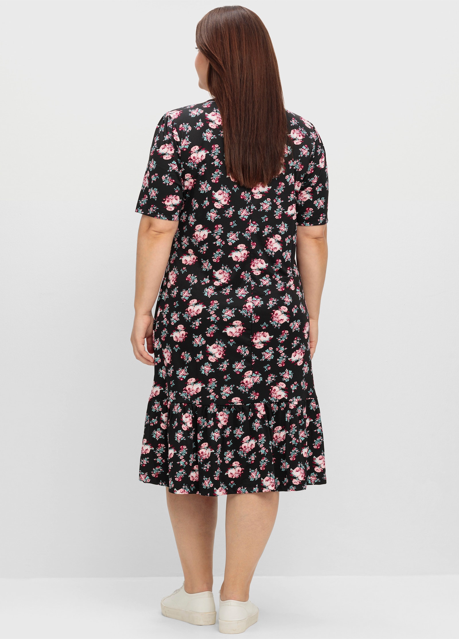 Shirtkleid mit Volant am Saum - schwarz-hortensie-gemustert