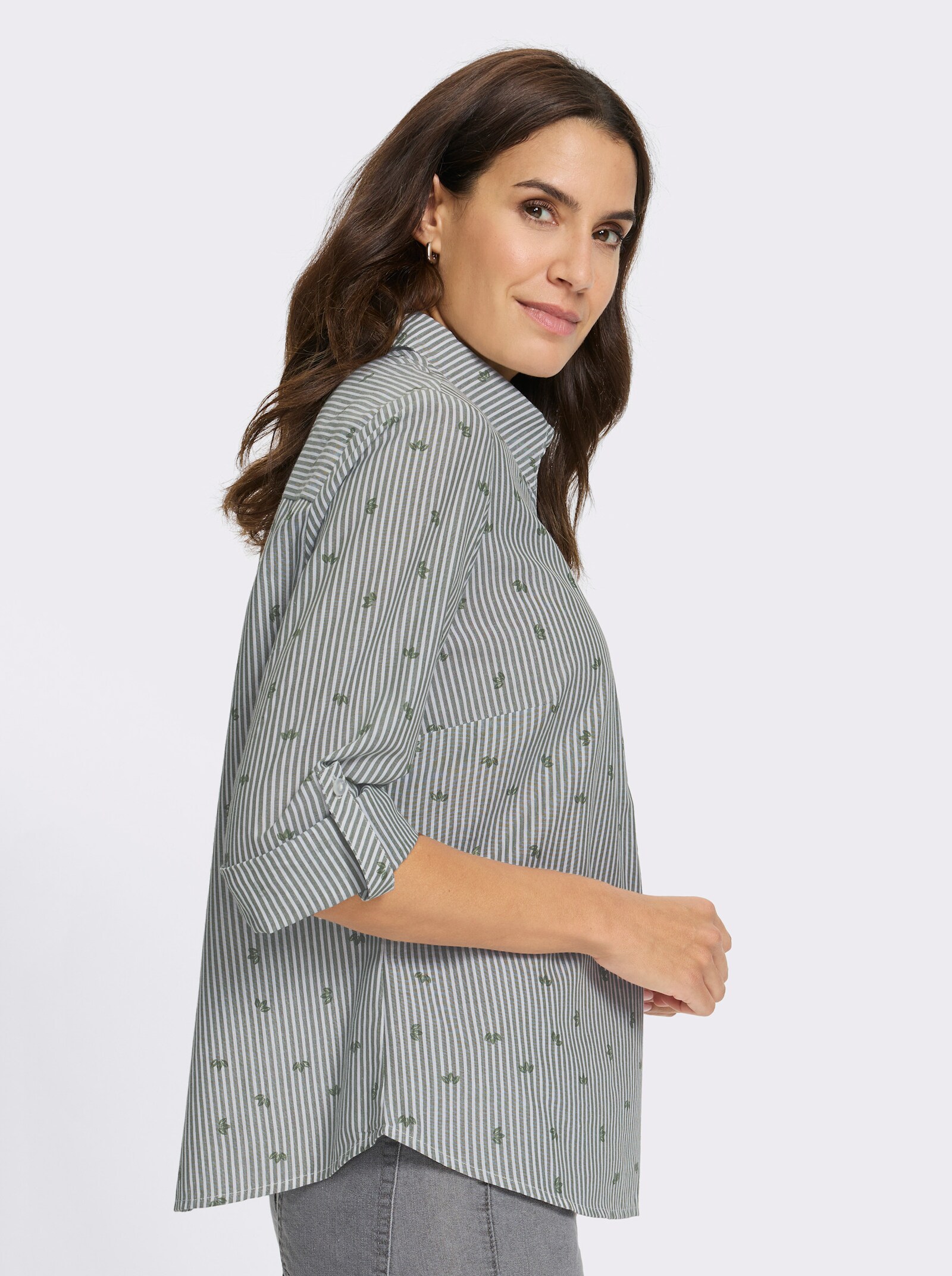 Baumwollbluse mit Krempel-Ärmeln - khaki-gestreift