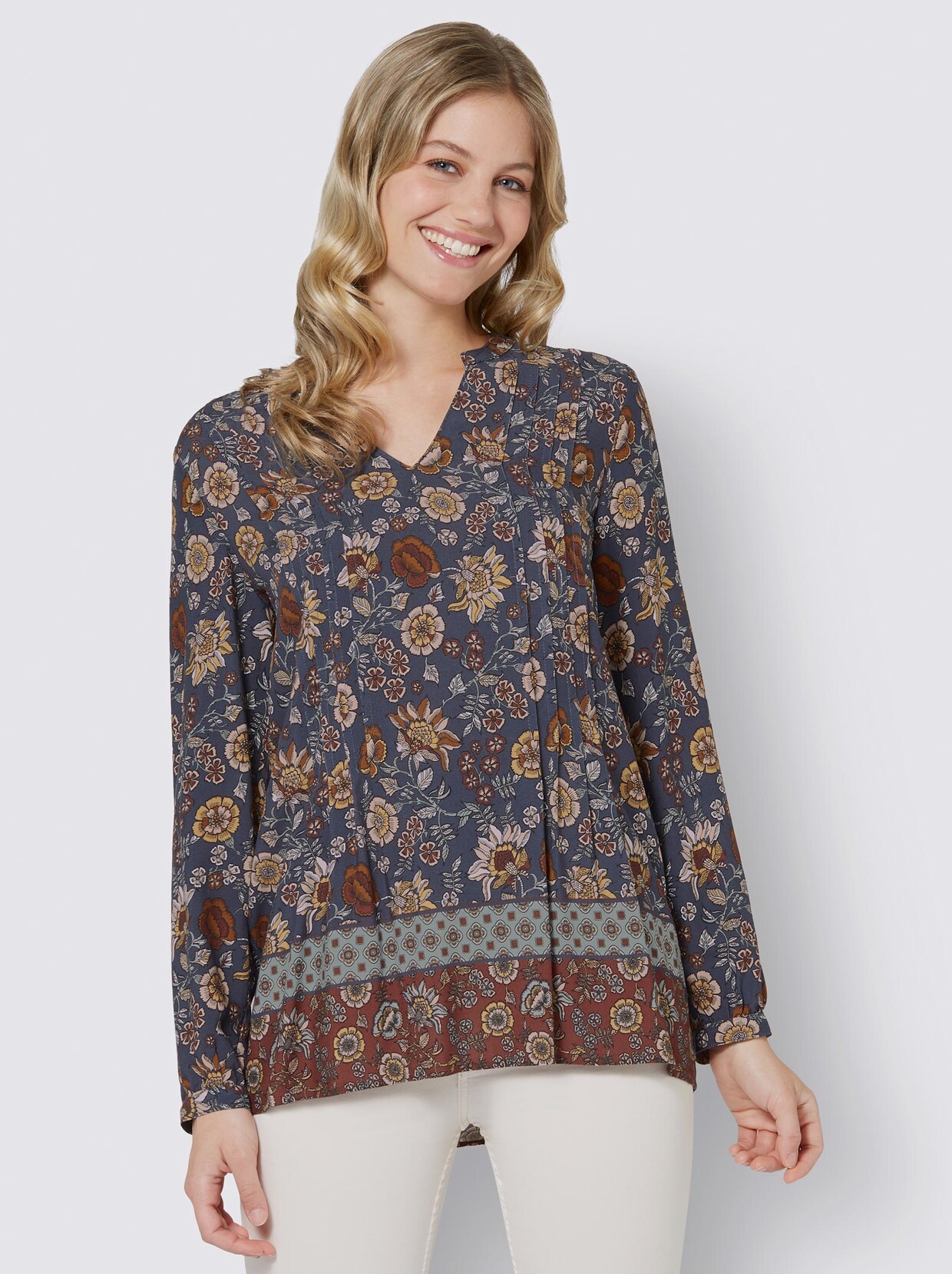 Longbluse - marine-cognac-gemustert