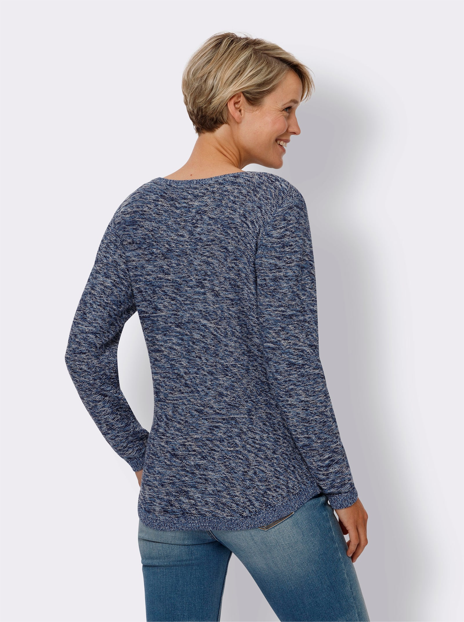 Svetr s kulatým výstřihem z čisté bavlny - námořnická modrá-ecru-melír