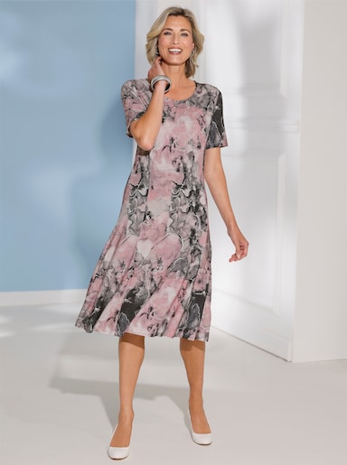 Jerseykleid mit Wiener Nähten - rosé-steingrau-bedruckt