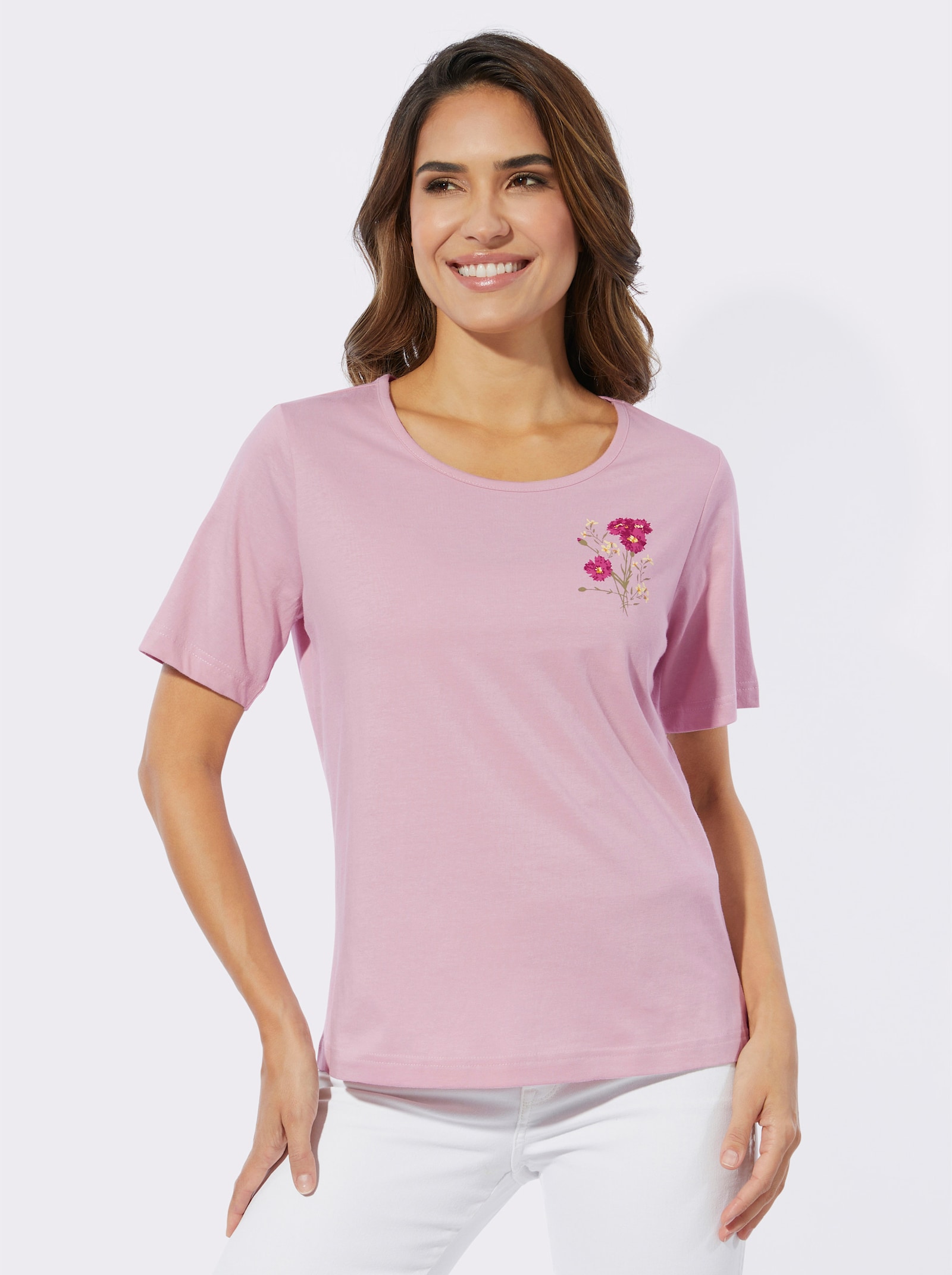 Tričko s krátkým rukávem a květinovým potiskem - růžová