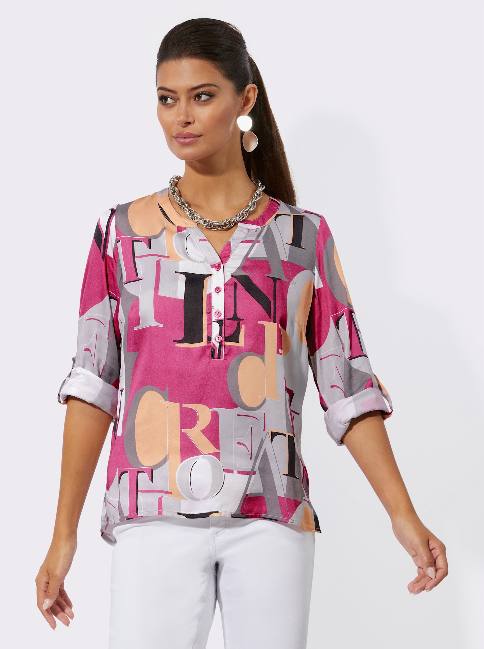 Schlupfbluse mit Krempelärmel - fuchsia-hellgrau-bedruckt