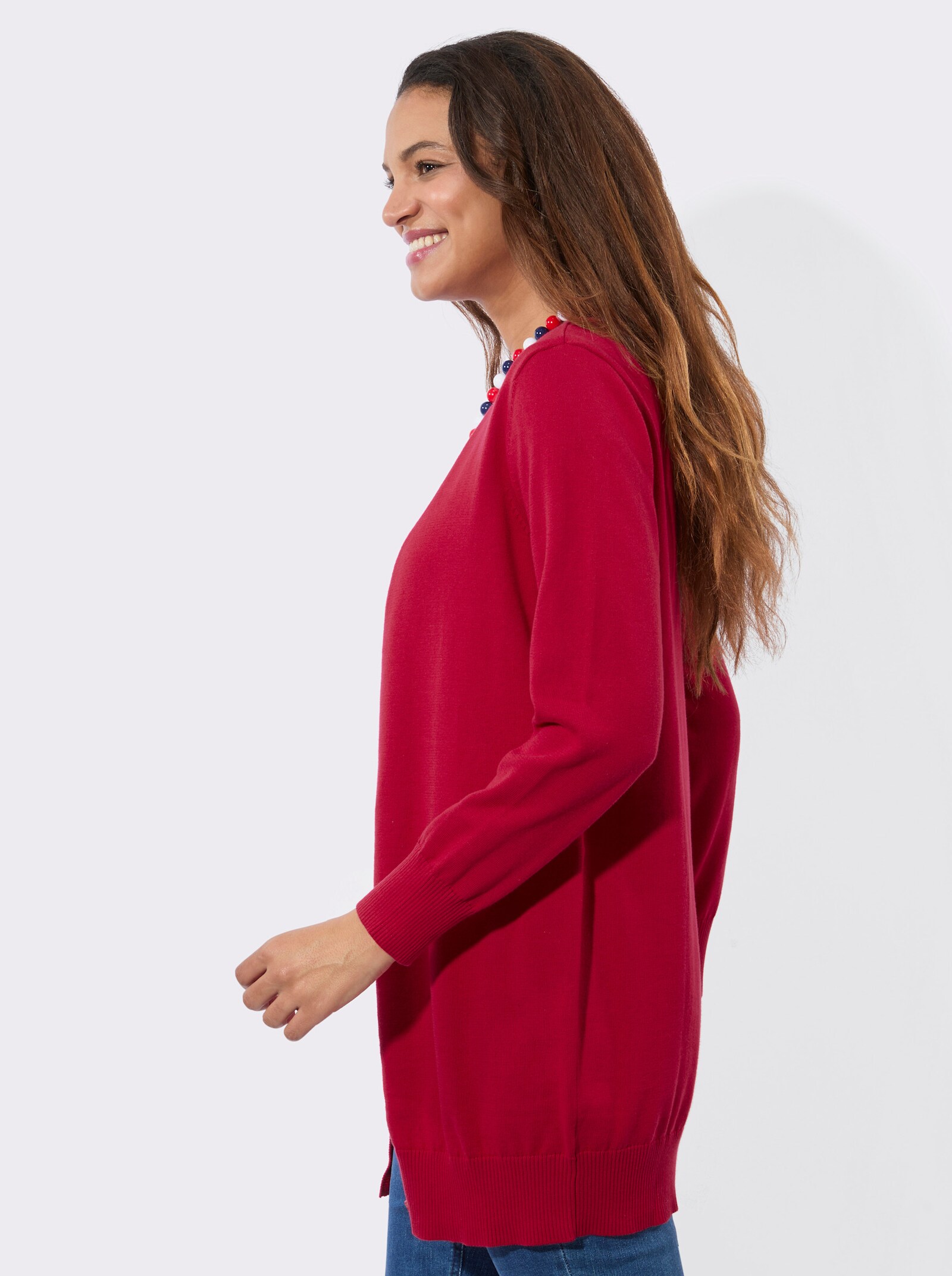 Longstrickjacke mit gerippten Bündchen - rot