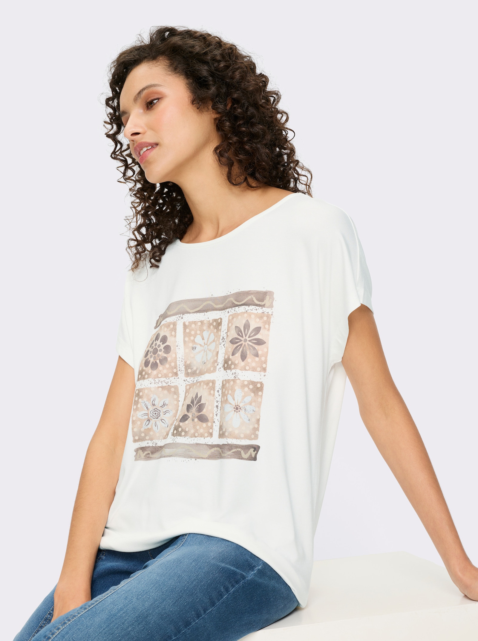 heine Kurzarmshirt mit Blüten-Frontprint - ecru-taupe-bedruckt