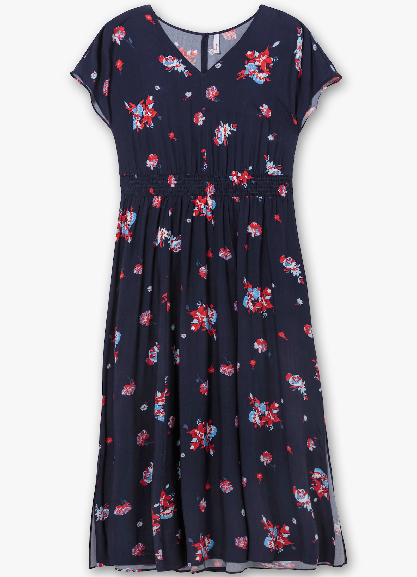 sheego Maxikleid mit Blumendruck und gesmokter Taille - marine-gemustert