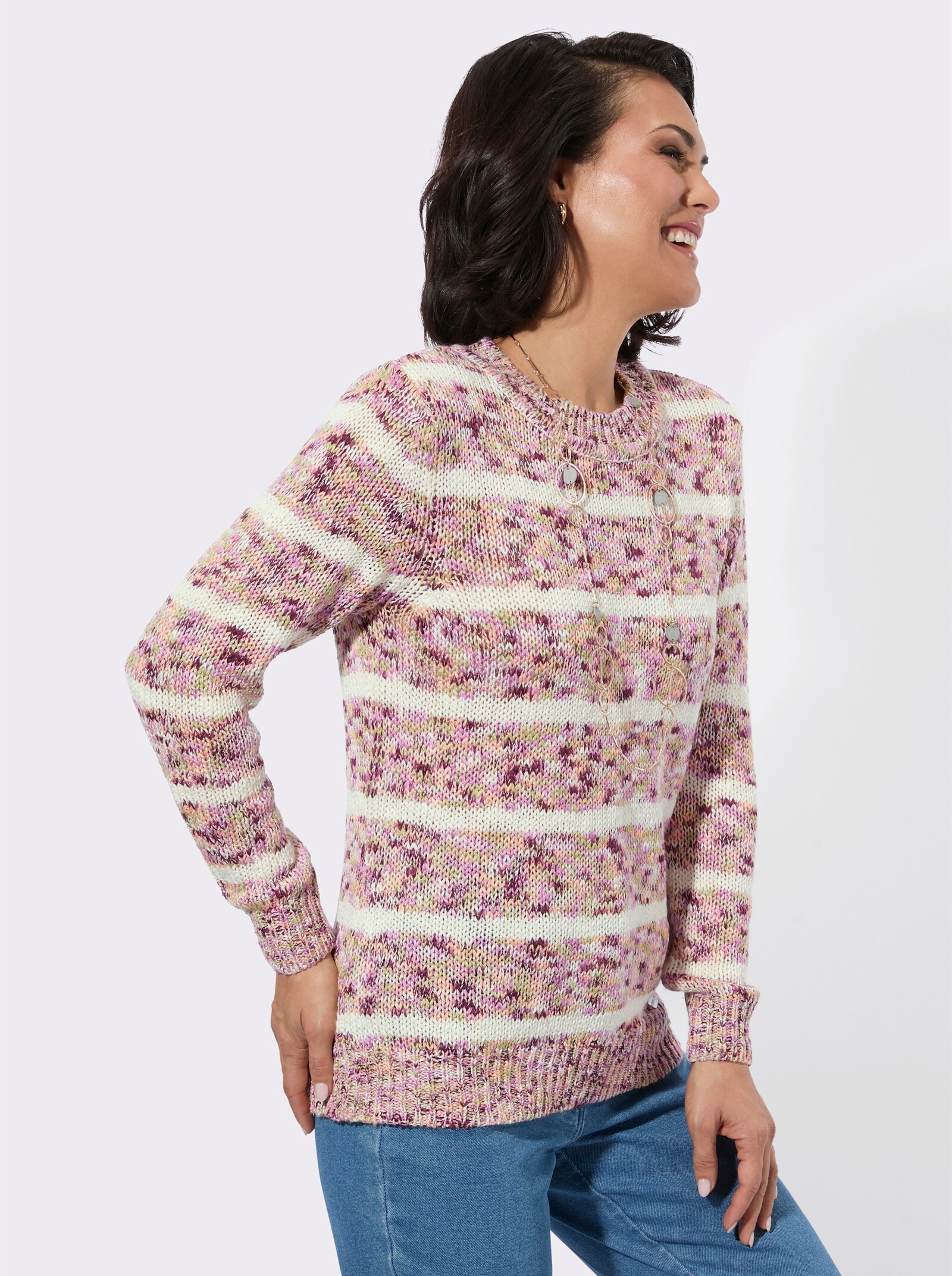Rundhalspullover in Melange-Optik - mauve-ecru-geringelt